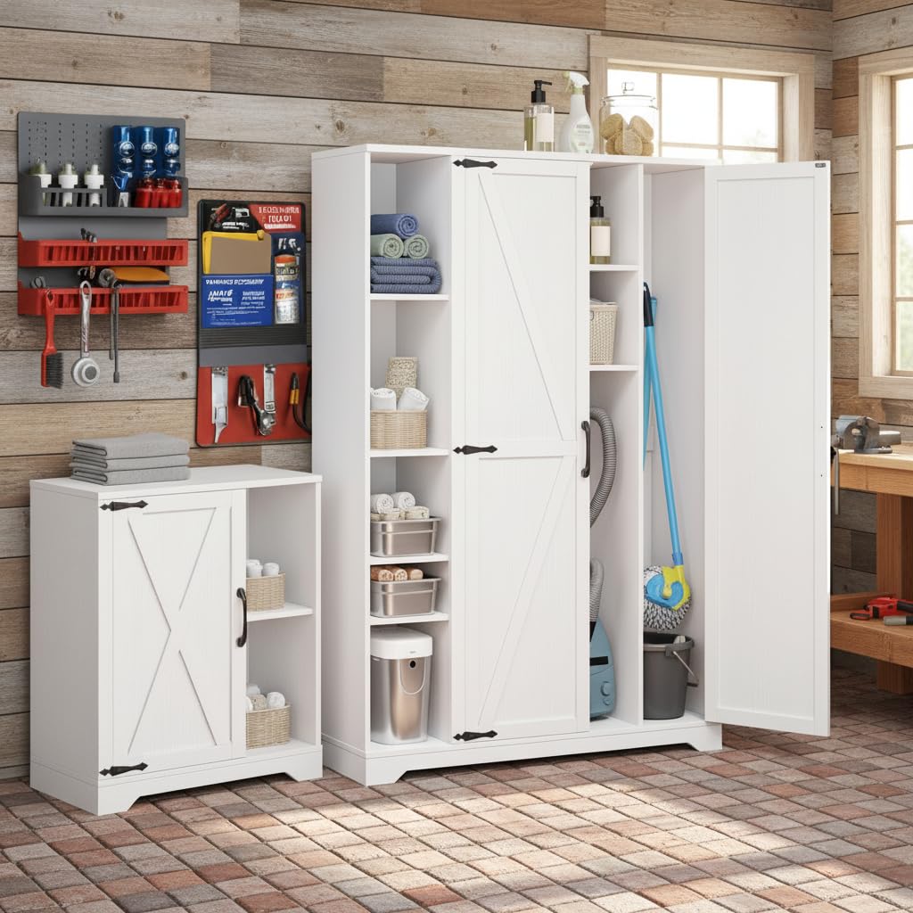 YITAHOME Wooden Garage Broom Cabinets with Adjustable Shelves, Multifunctional Organizer for Ironing Boards and Vacuum Cleaners, Tool Storage Cabinet for Gym, Basement, Warehouse, Oak White