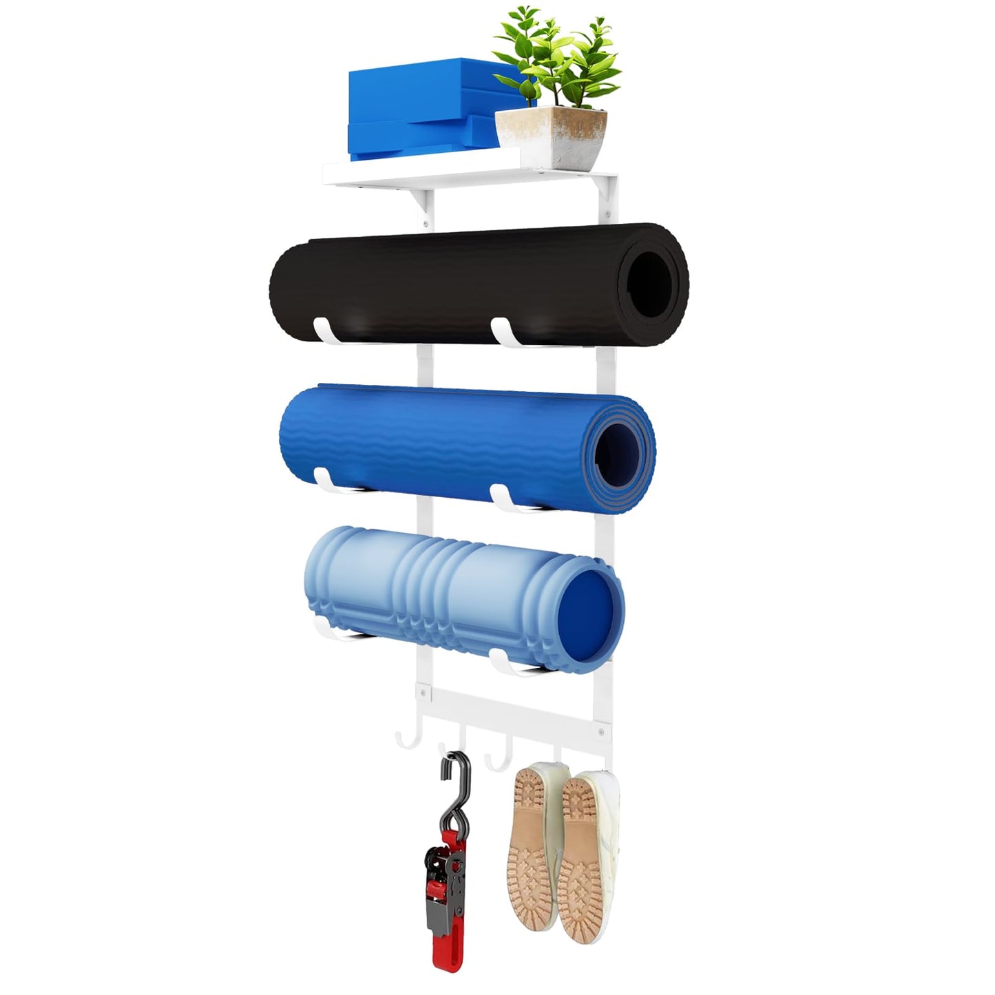 LSK Yoga Mat Holder Wall Mount, White Yoga Mats Storage Rack, Home Gym Storage with Metal Floating Shelf for Storing Fitness, Yoga Mat Rack with 5 Hooks for Hanging Foam Rollers and Resistance Bands