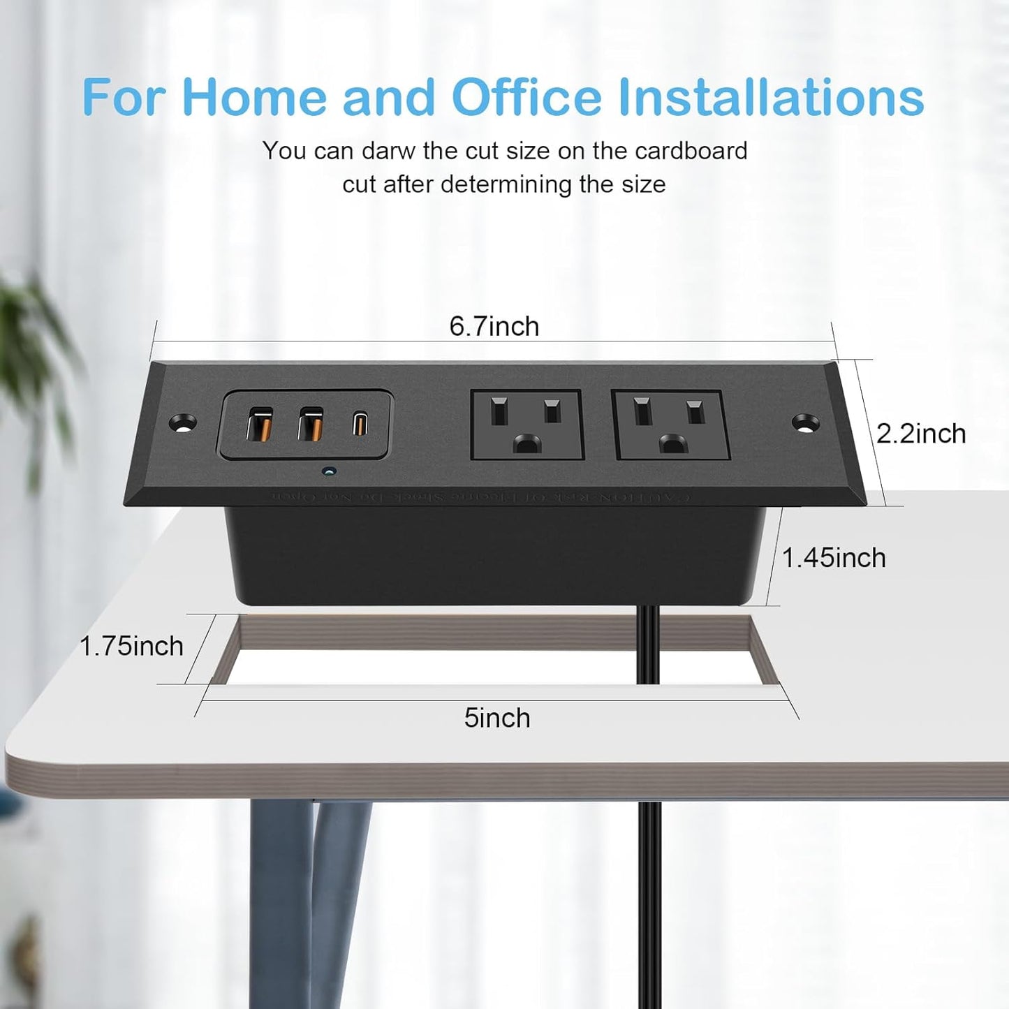 CCCEI 45 4FT 45 Recessed Power Strip with W USB C Port, Fast Charging USB A Port Desk Outlet, Furniture Hidden Charging