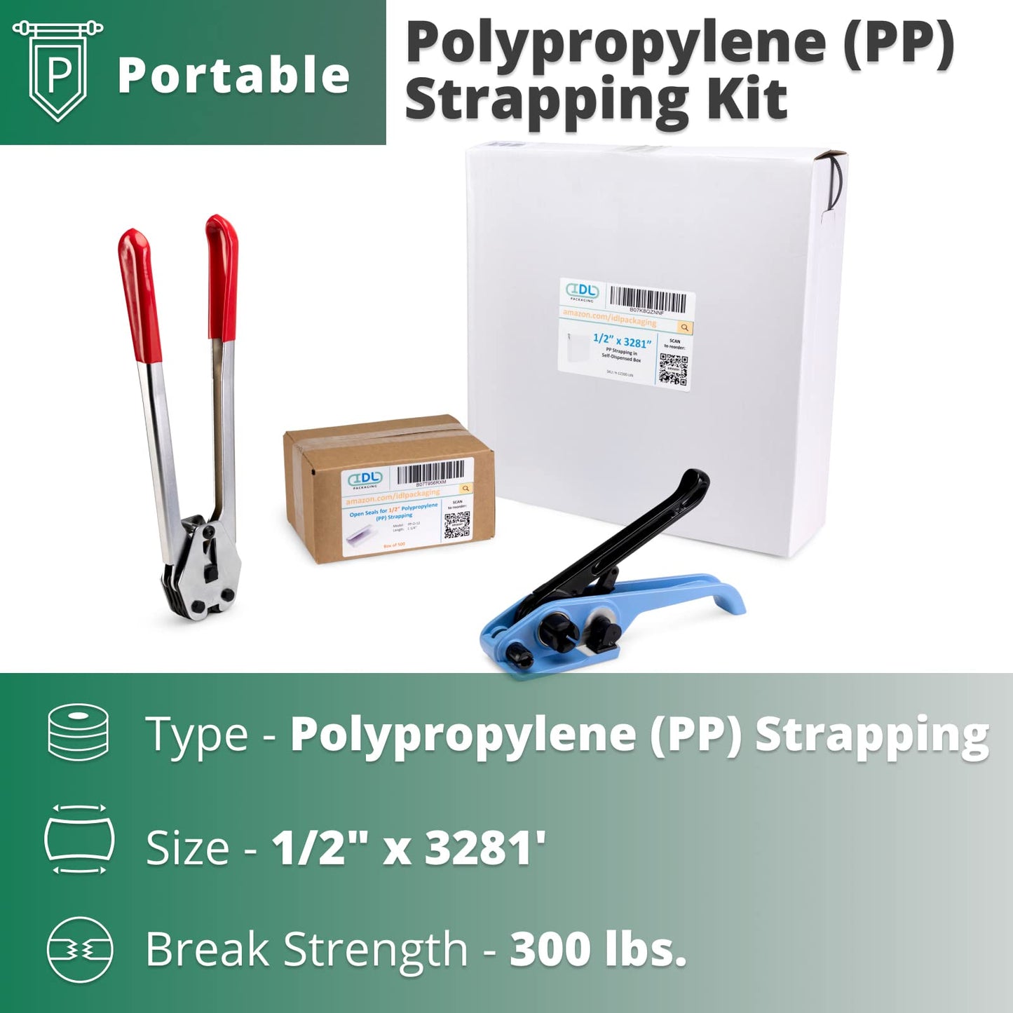 IDL Packaging Portable 1/2" x 3281' Polypropylene (PP) Strapping Kit, 300 lbs Break Strength – Packaging Poly Strapping Solution – Enough Strapping and Seals for 500 Uses Before Refill