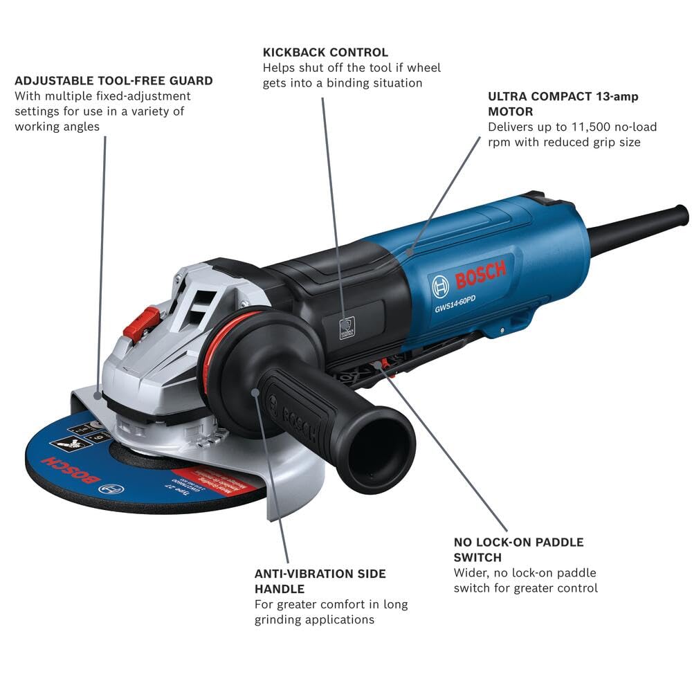 BOSCH GWS14-60PD 6 In. Angle Grinder | 13-Amp Motor, 9,700 RPM, No Lock-On Paddle Switch, Anti-Vibration Handle, KickBack Control, Soft Start, Overload Protection