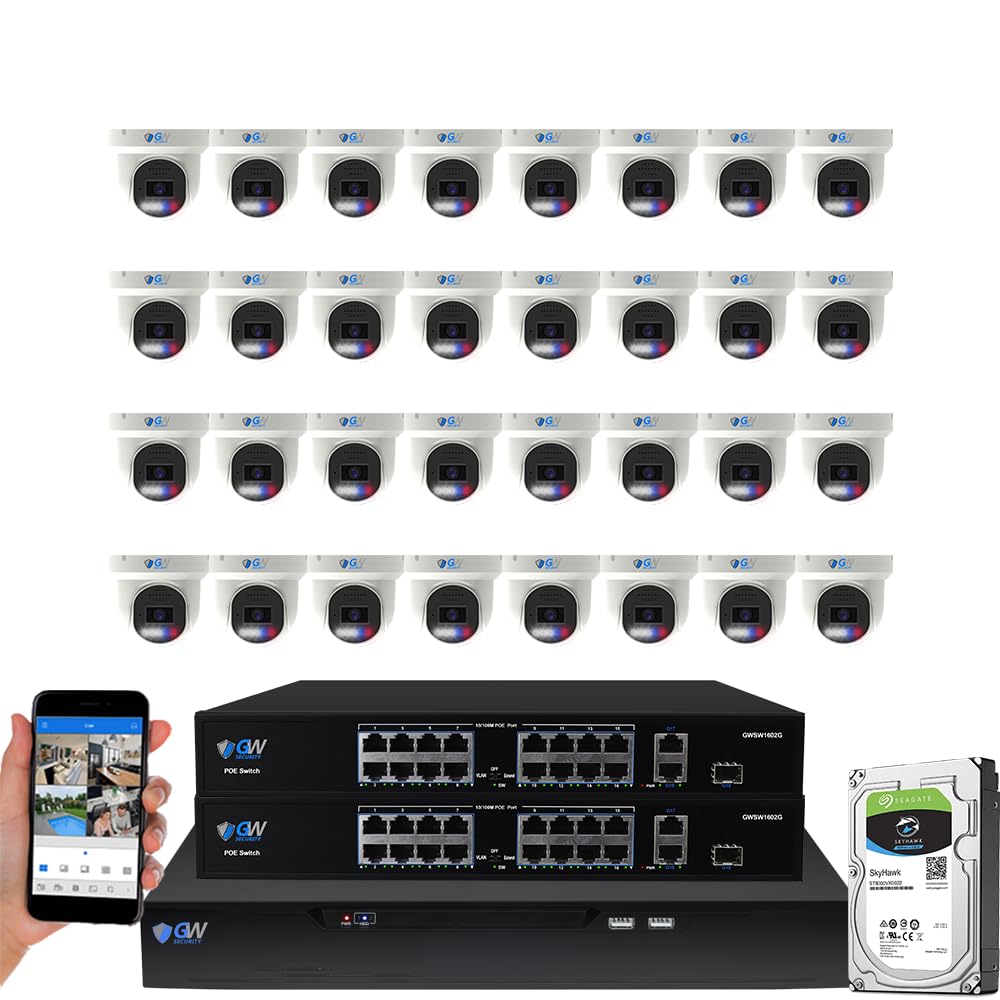 GW Security 32 Channel 12MP NVR UltraHD License Plate/Face Recognition NDAA & TAA Compliant Security Camera System with 32 x 5MP Outdoor & Indoor Color Night Vision Two-Way Audio PoE Turret Cameras