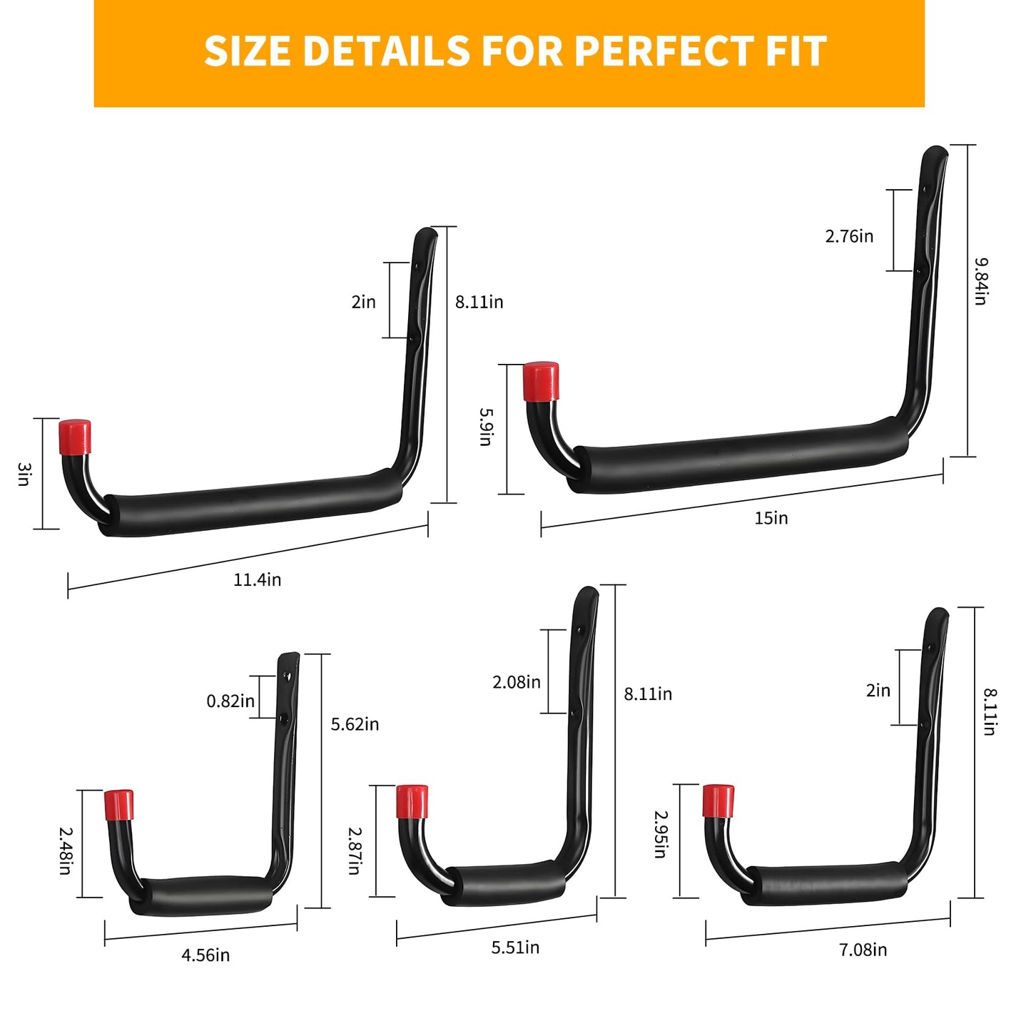 CRXCRC 6 Pack Garage Hooks Heavy Duty, Utility Steel Hooks with EVA Foam Padding, 15inch Wall Mount J Organizer Hanger for Hanging Bikes Kayak Garden Tool Hose Bike Shelf