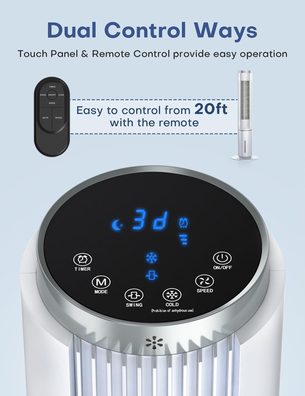 COOLECH 42 INCH Portable Air Conditioners w/Remote & LED Touch Screen, 4 Modes & 3 Speeds, 1-Gal Tank for 15H Cooling Evaporative Air Cooler, 12H Timer for Smart Auto-Off, 90° Oscillating Swamp Cooler