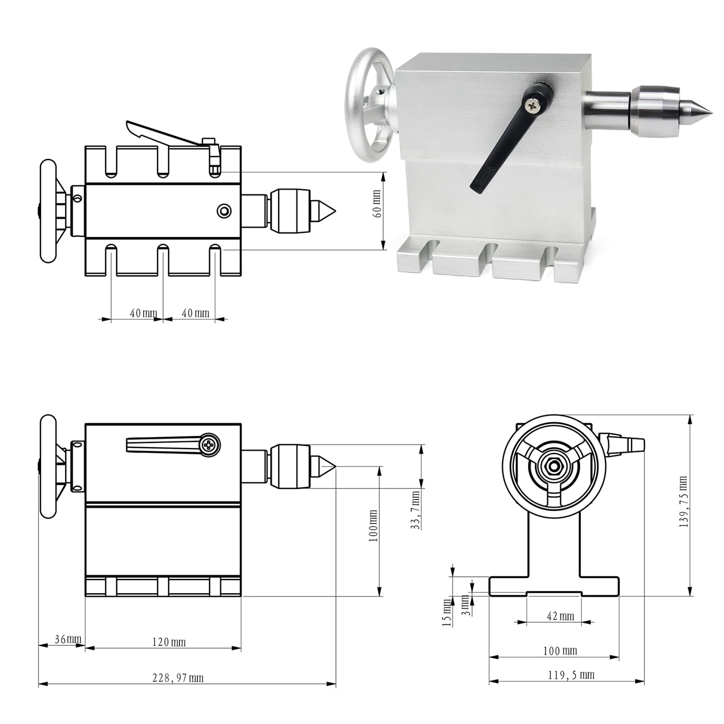 RATTMMOTOR 100mm Center Height MT2 Tailstock, Morse Taper 2 Live Center Movable Woodworking Lathe Chuck Handle for CNC Router Rotary Table 4th Axis