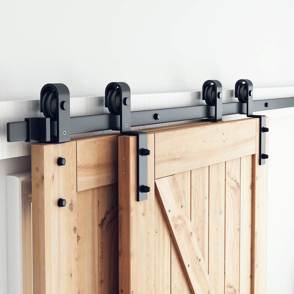 SMARTSTANDARD 6 Feet Bypass Sliding Barn Door Hardware Kit - for Double Wooden Doors-Single Track - Smoothly & Quietly - Easy to Install-Fit 60" Opening