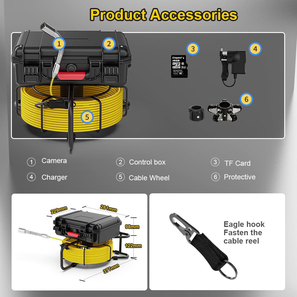 SYOWNFS Sewer Camera with 512Hz Sonde Self-Leveling, Pipe Inspection Camera with DVR Recorder, Endoscope with 12pcs LED Lights for Plumbing, 100ft/30m (16GB SD Card Included)