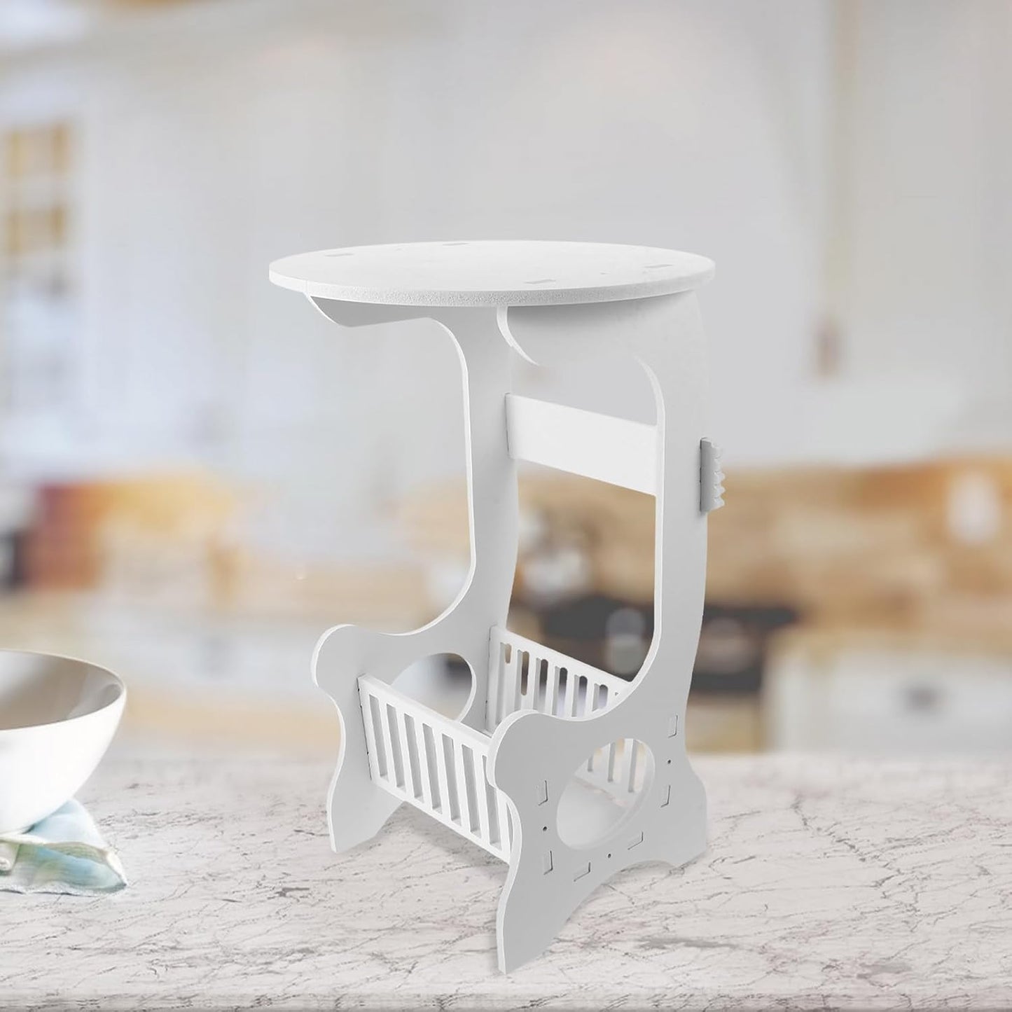 Angoily Small Round Side Table White Plastic Wood Nightstand for Bedroom Living Room Balcony with Storage and Hollow