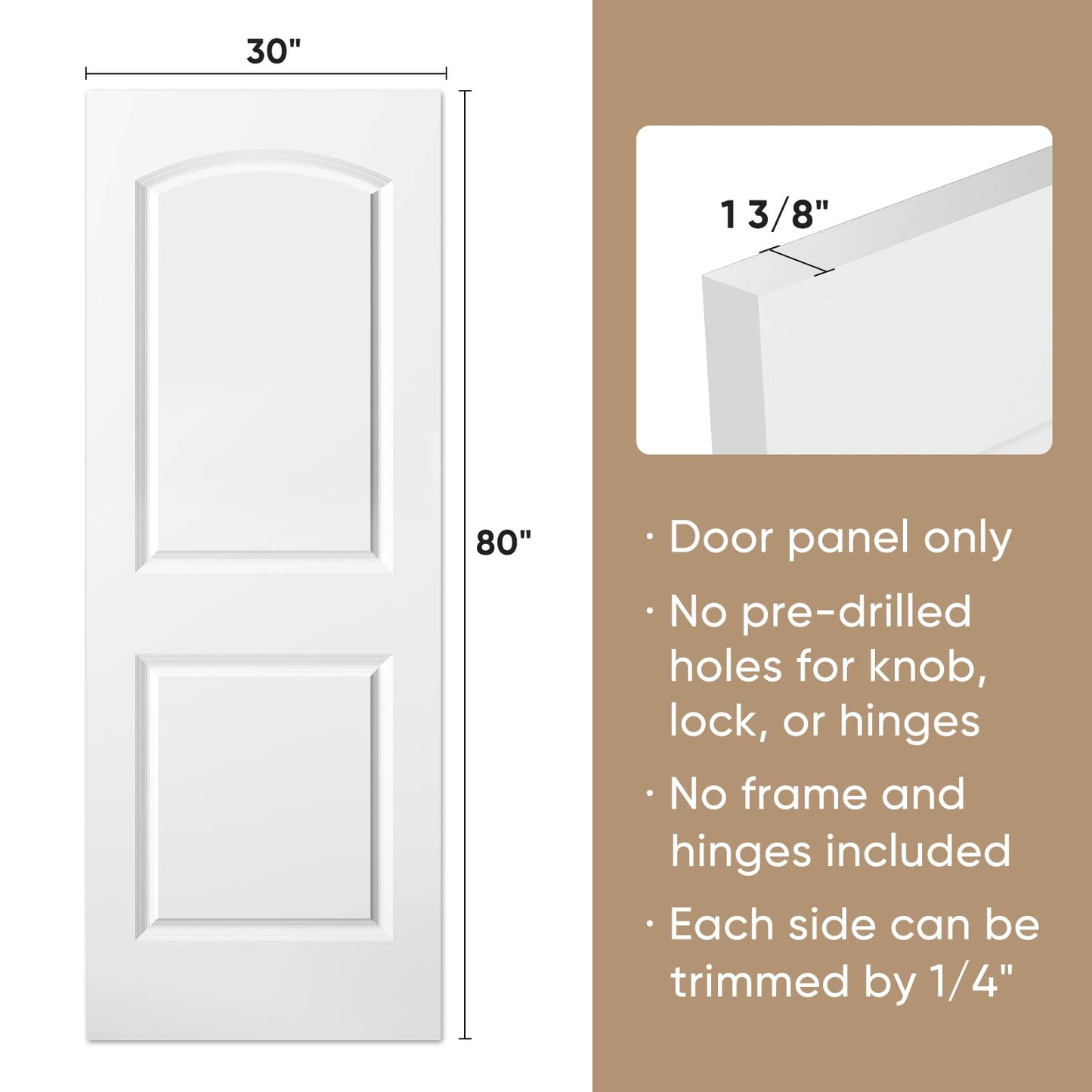 BARNSMITH 30x80 in Raised 2-Panel Arch Top Smooth White Primed Molded Door Slab, Classic Paintable Hollow Core Interior Door Panel, for Swing, Pocket, Sliding Door, Durable and Lightweight