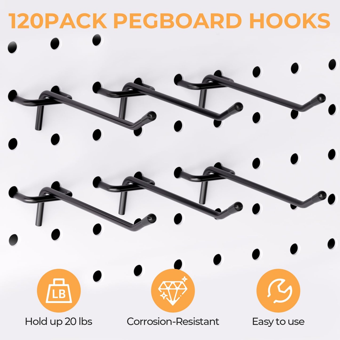 INCLY 120 Pack Black Pegboard Hooks, 4/6/8 Inch Peg Board Shelving Hooks Accessories, Peg Board Tool Hangers Fit for 1/8“ and 1/4" Pegboard Hanging Tools for Garage, Craft Room, Kitchen, Store
