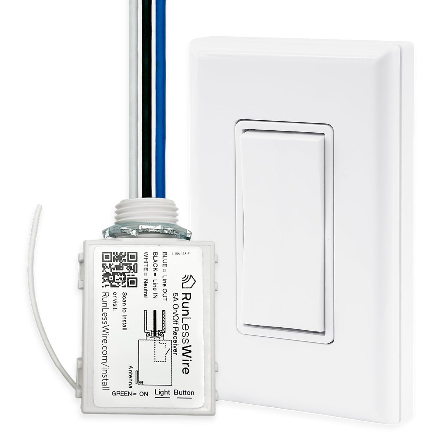 RunLessWire Single Pole Battery-Free DIY Wireless Light Switch Kit 150ft RF Range Self-Powered by Kinetic Energy for Fixtures & Outlets : 1 Remote Switch Controls 1 5A On/Off Receiver White