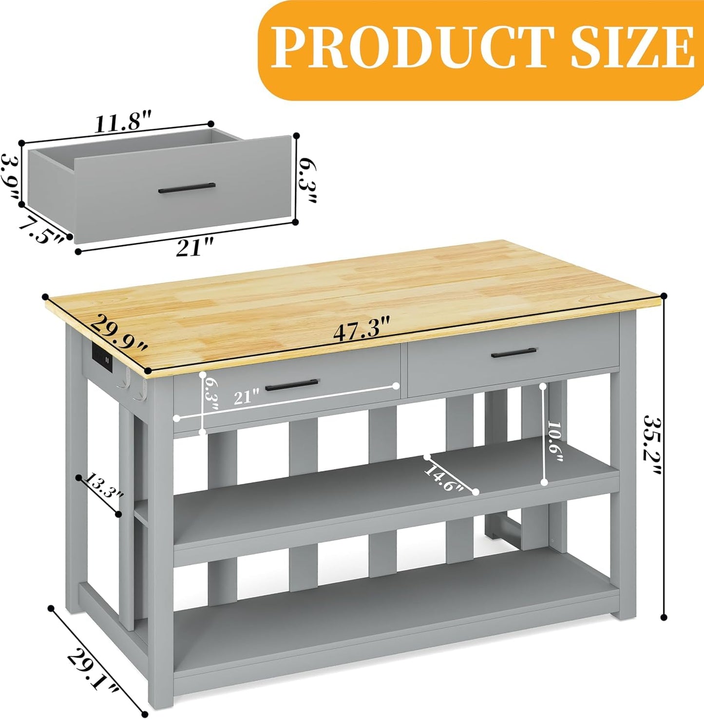 DynJest 47.3" Solid Rubberwood Kitchen Island with Power Outlets - Extra Large Work Surface, 2 Drawers & Open Shelves Storage Cabinet for Kitchen Dining Room, Farmhouse Style (Grey)