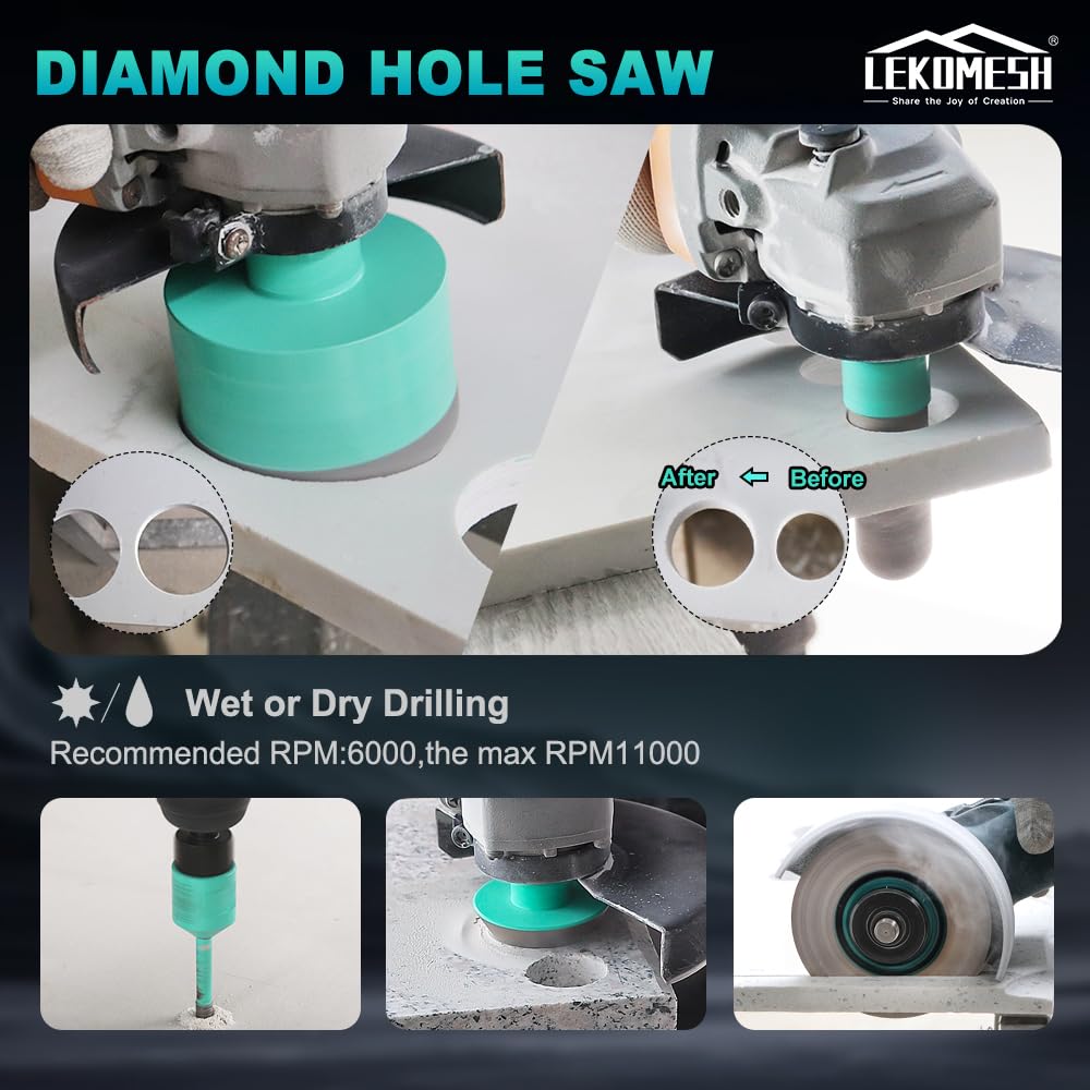 LEKOMESH Tile Hole Saw Kit for Porcelain -(6/6/8/20/25/35/50/75/100mm+Finger Bit+Chamfer Bit+Adapter+Tile Blade) Diamond Tile Drill Bits Precision Cutting for Ceramic Marble Brick Granite