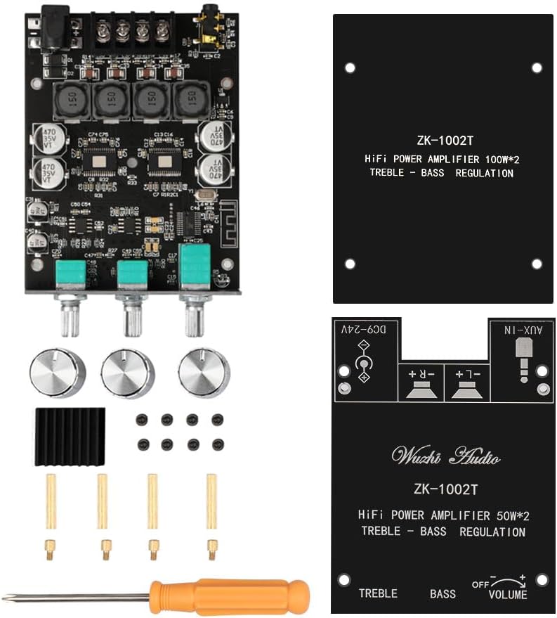 ZK-1002T 2.0CH 100W*2 9-24V Bluetooth Amplifier Board Mini Audio AMP with Treble and Bass Control, BT and AUX Inputs