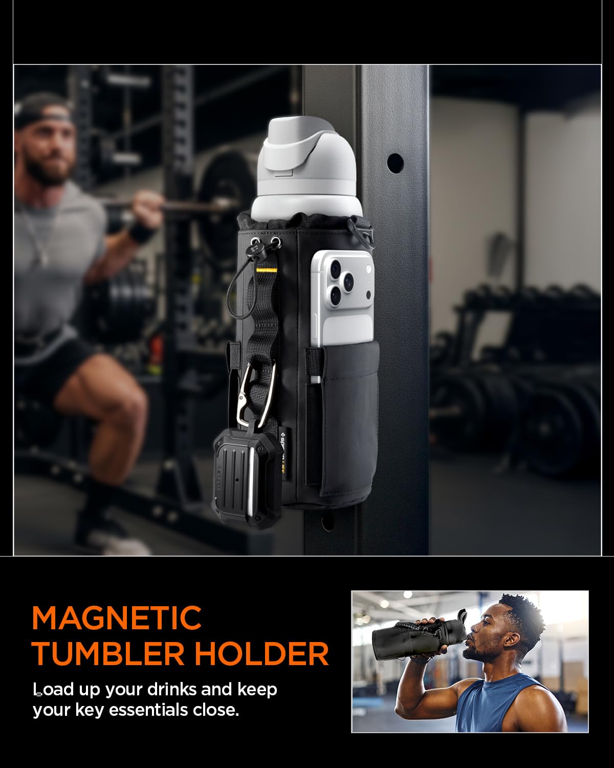 Spigen Life Magnetic Gym Bag for Men Tumbler Carrier Holder Bag for 20oz–40oz Water Bottles w/Molle System, Phone Pocket, Drawstring/Cord Lock, D-Ring Strap, Waterproof – Black