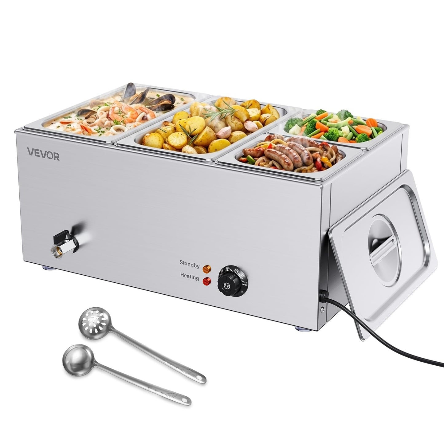 VEVOR 4-Pan Commercial Food Warmer, 24QT Electric Steam Table, 1200W Professional Countertop Stainless Steel Buffet Bain Marie with 86-185°F Temp Control for Catering and Restaurants, Silver