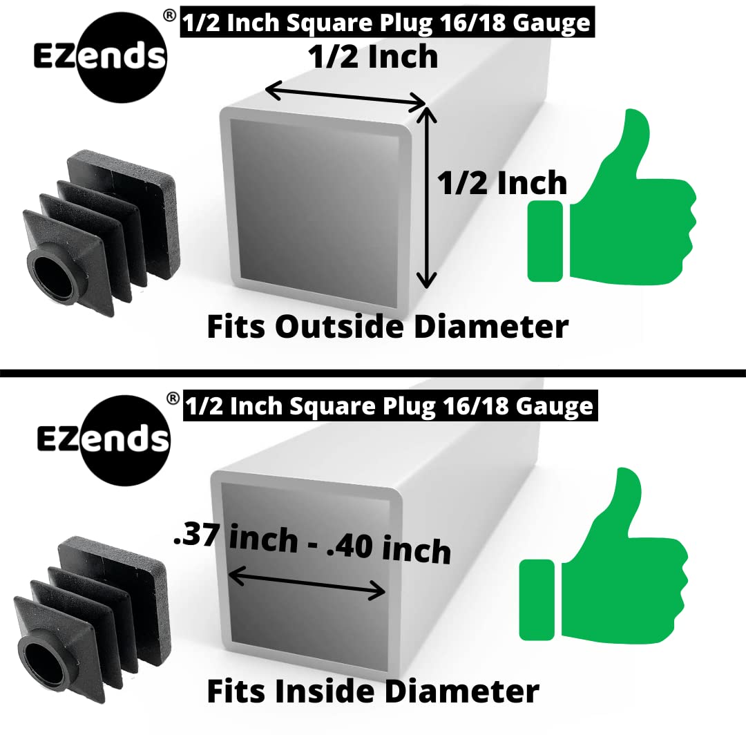 EZends Premium Grade 1/2 Inch Extra Durable Plastic End Plug, for Square Tubing 16-18 GA / 100 Pack / 1/2 Inch End Caps / Chair Glide Floor Protectors