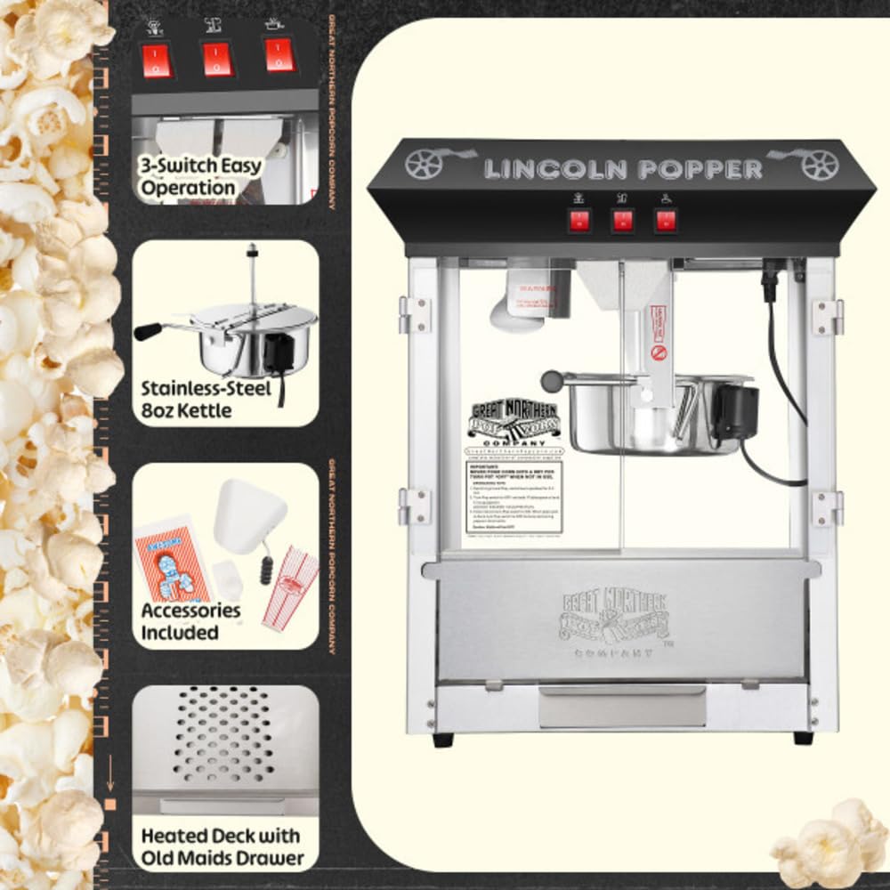 Lincoln Popcorn Machine - 8oz Popper with Stainless-Steel Kettle, Reject Kernel Tray, Warming Light and Accessories by Great Northern Popcorn (Black)