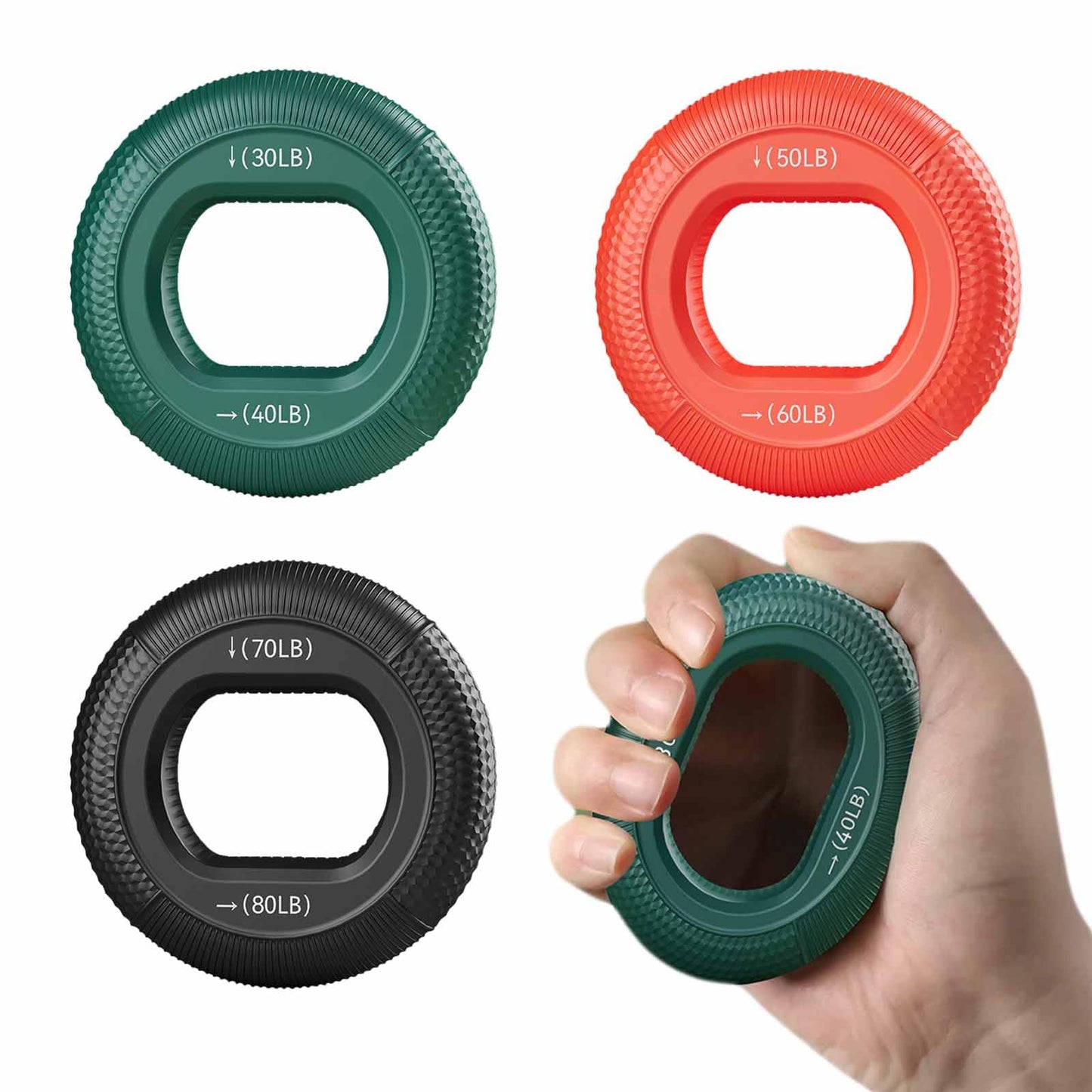 Grip Strength Trainer (30-80lbs) - 6 Resistance Levels, 3PCS Silicone Hand Grip Strengthener Rings for Rock Climbing, Athletes, Finger Workout & Stress Relief - Double Force Design (3 colors)