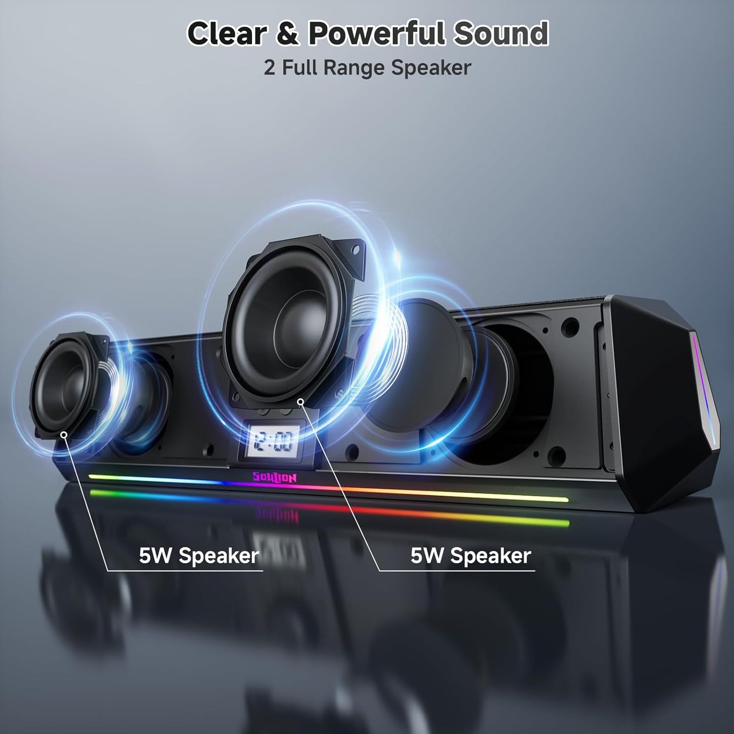 SOULION R80 Bluetooth Computer Speakers, USB Plug & Play PC Speakers with Digital Clock Display, Clear Sound Soundbar