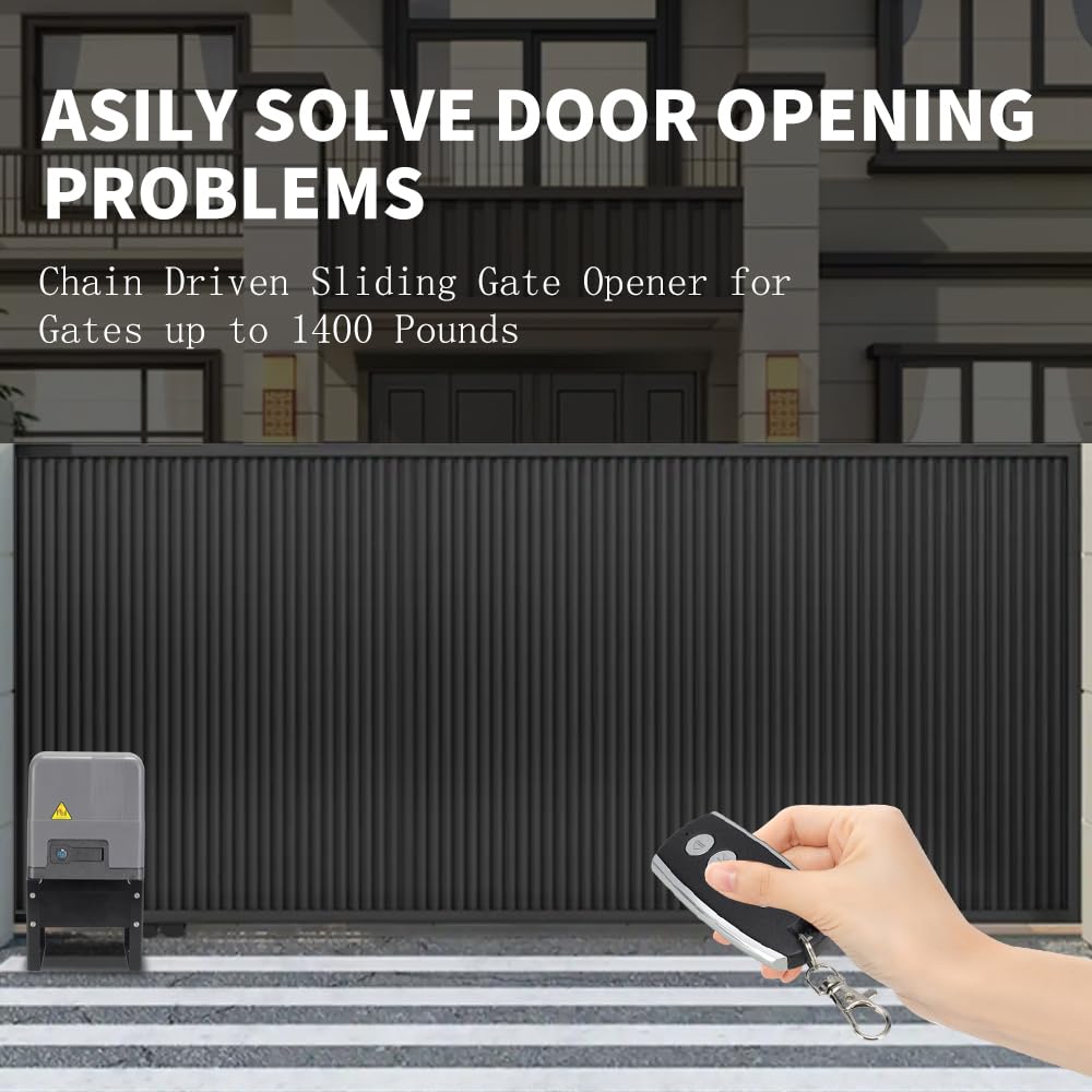 Sliding Gate Opener with WiFi App Control & 4 Remotes, Automatic Electric Gate Motor Complete Kit for Driveway Slide Gates Up to 1400lbs, Chain Driven Security System with Infrared Sensor, Auto Close