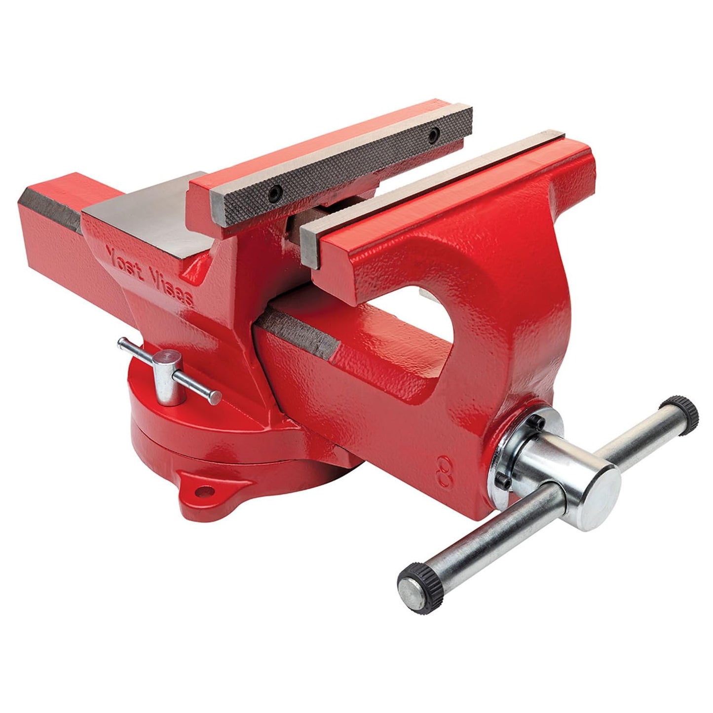 Yost Vises ADI-8 Heavy Duty Vise | 130,000 PSI Tensile Strength Austempered Ductile Iron Bench Vise | 8 Inch Jaw Width with a 360 Degrees Interlocking Swivel Base and 2 Lockdowns | Red