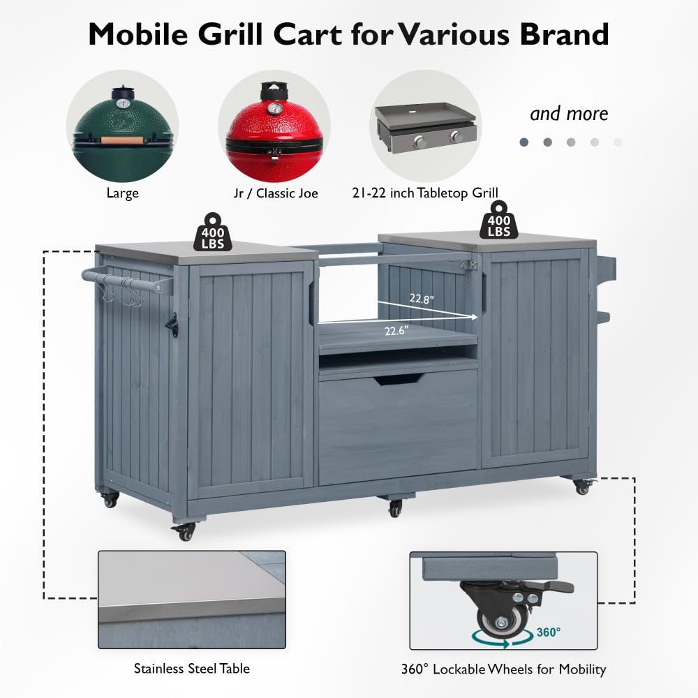 DFCHLDA 66.5" Outdoor Kitchen Island with Stainless Steel Top, Rolling Grill Cart with Adjustable Shelves, Lockable Wheels, Outdoor Table and Bar Storage Cabinet for Patio(Grey+Blue)