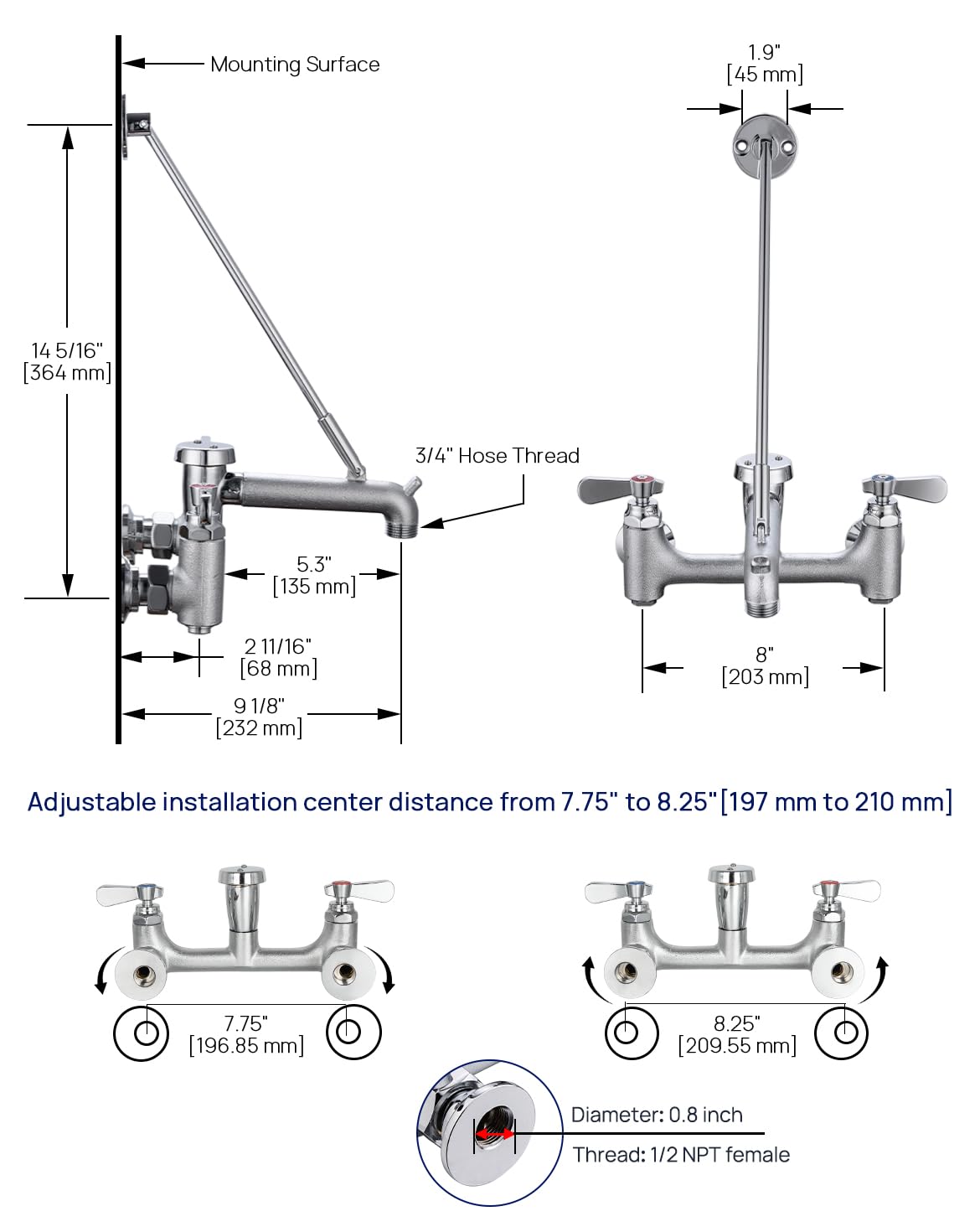 Sepaitek Commercial Mop Sink Faucet 8" Center Wall Mount, Heavy-Duty Service Sink Faucet with Vacuum Breaker 3/4" Hose Thread, for Industrial Outdoor Janitor Floor Mop Sink, Brass Casted Chrome Finish