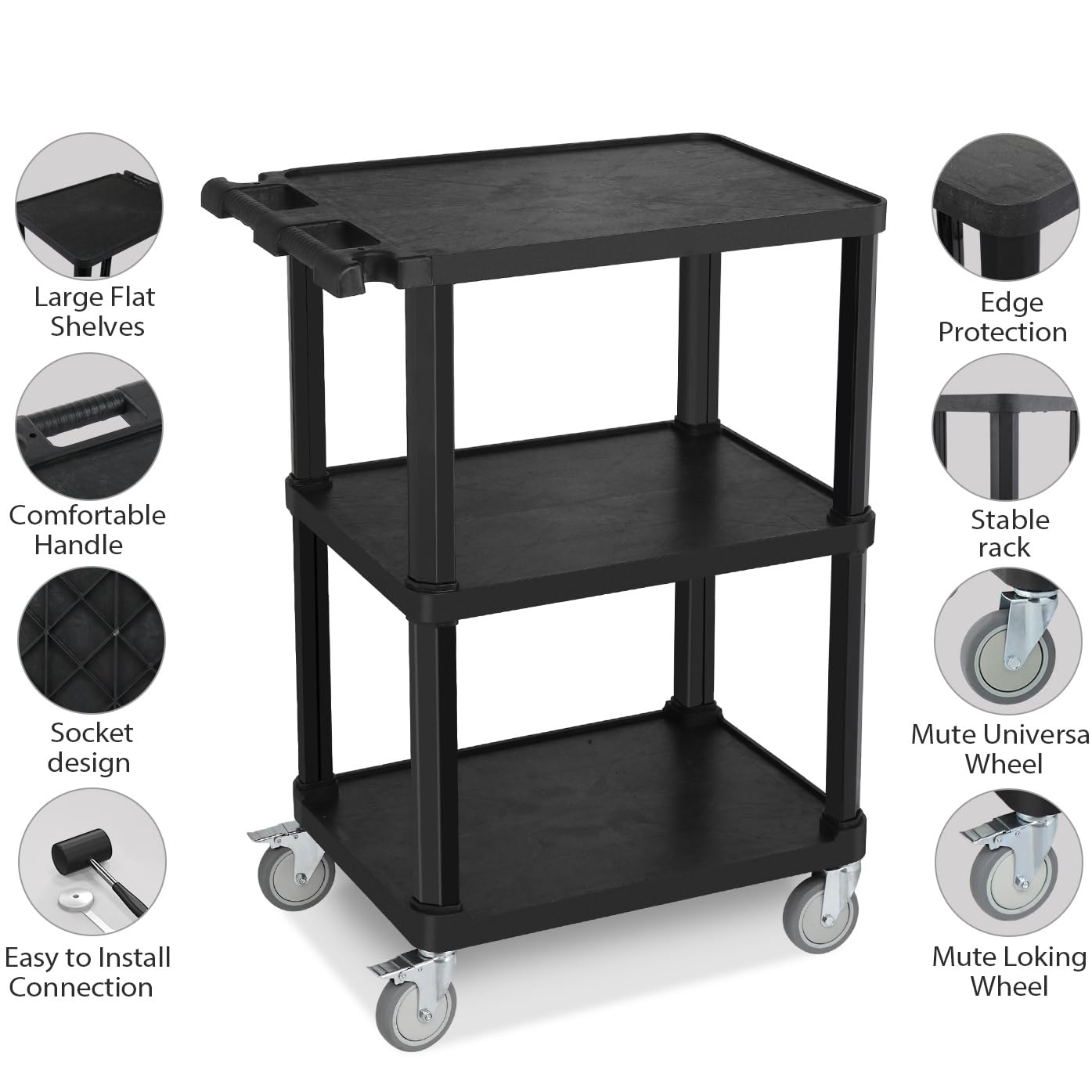 Leadzm 3-Tier Plastic Flat Utility Cart, Commercial Rolling Service Cart on Wheels with Braker, Multi-Function Handle and Large Capacity Storage, Perfect for Warehouse Garage Office, Black