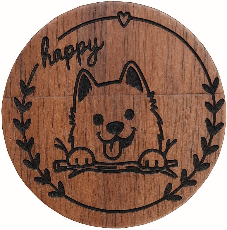 LONMAIX 16GB Round Walnut Wood USB Flash Drive - Laser-Engraved Cute Dog Design, Gift & Party Favor