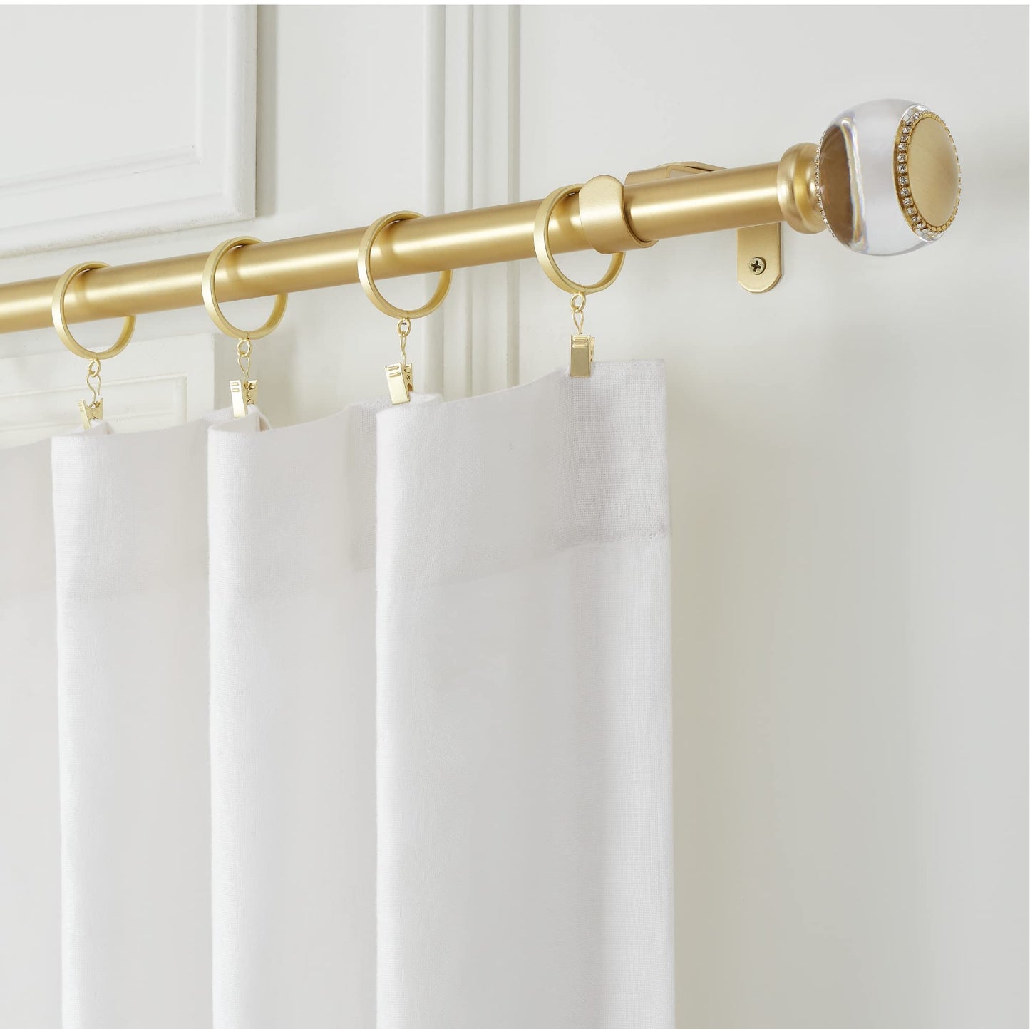 MODE Premium Collection 1 1/8" Diameter Curtain Rod Set with Brilliant Doorknob Curtain Rod Finials and Steel Wall Mounted Adjustable Curtain Rod, Fits 144” to 240” Windows, Brushed Gold