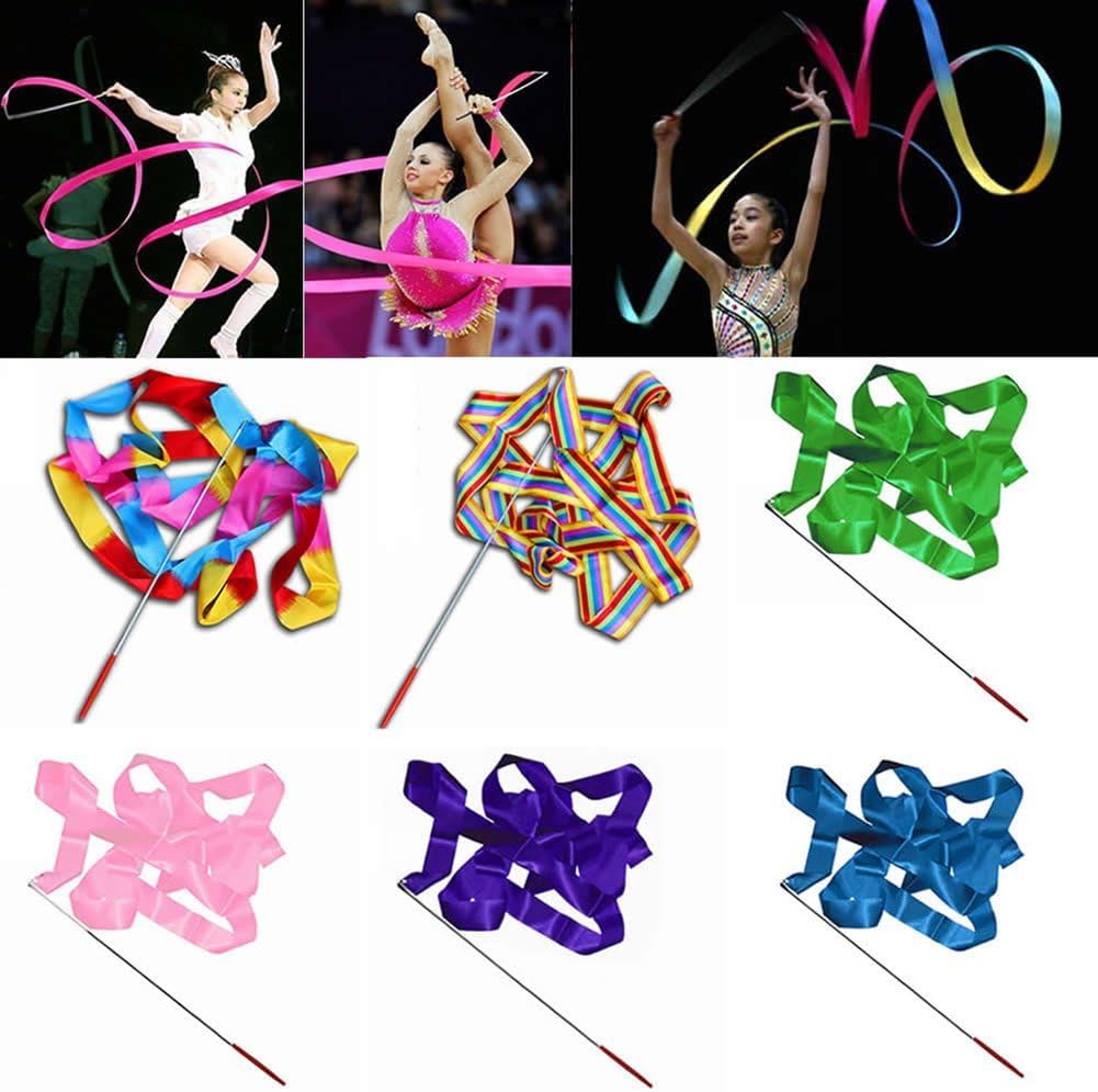 WsjiaboFux Rainbow 4M Gym Dance Ribbon Rhythmic Art Gymnastic Streamer Twirling Rod Stick, Training Equipment Mats and Flooring, Gym and Competition Equipment Gymnastics Accessories Other Sports