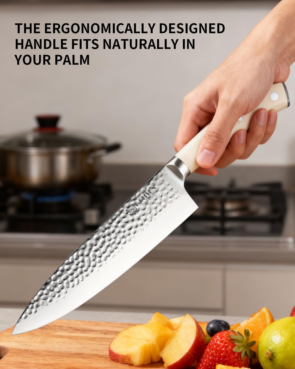Kitchen Knife Set,14-Piece Knife Set With Block Wooden, Self Sharpening For Chef Knife Set, High Carbon German Stainless Steel Hammered Collection Knife Block Set, Dishwasher Safe Cutlery, Cream