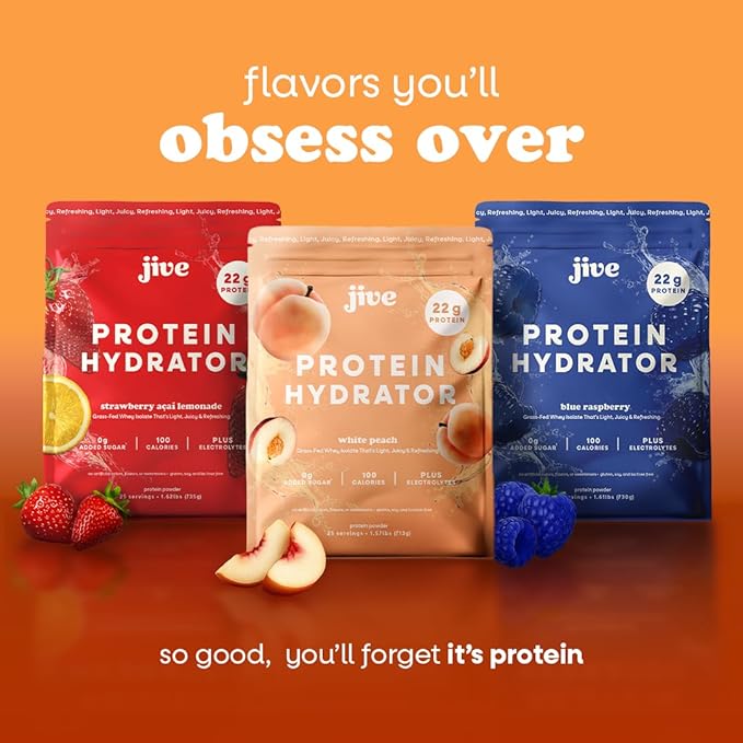 Jive Clear Protein Powder - 22g Grass-Fed Whey Isolate, 25 Servings - White Peach - 895mg of Electrolytes - Zero Added Sugar - Clear Drink Protein Water & Juice