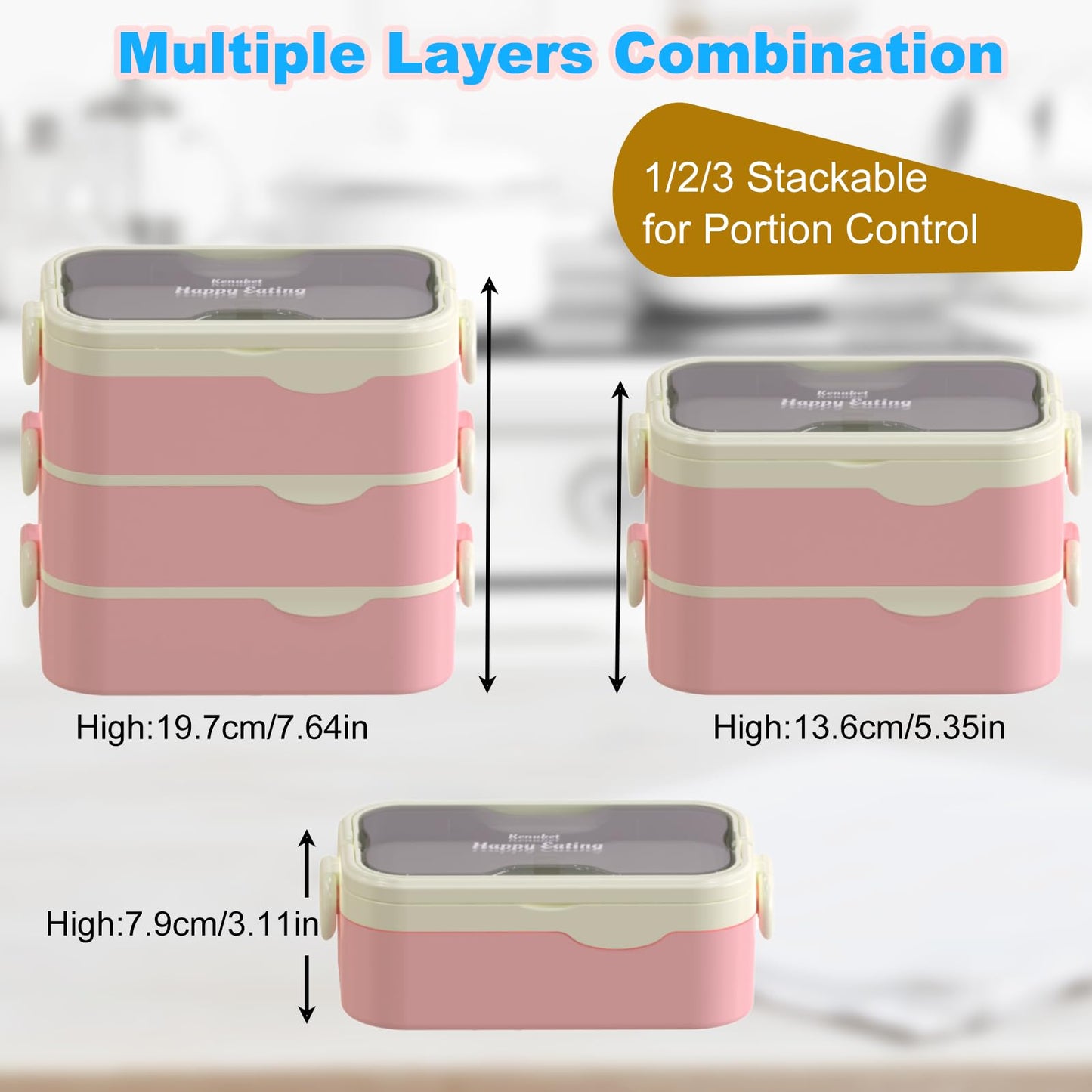Kenuket Bento Box Adult Lunch Box, Stackable 3 Layers Large Capacity Lunch Containers, Microwave and Dishwasher Safe Food Grade Containers with Utensils, Dividers and Sauce Boxes for Men, Women, Kids