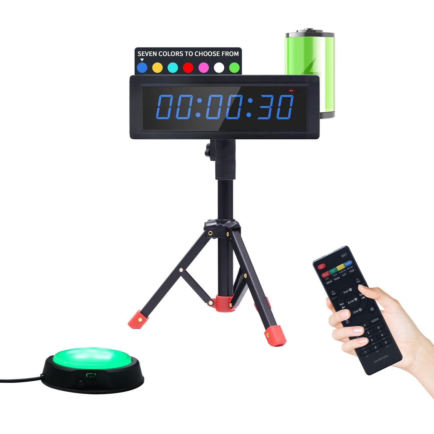 GAN XIN Gym Timer Clock with Remote Control & Push Button,7 RGB Color, Programmable Interval Timer, Countdown/Up Stopwatch,Wall Clock for Home Gym Garage,Portable Training Accessories(Battery+Stand)