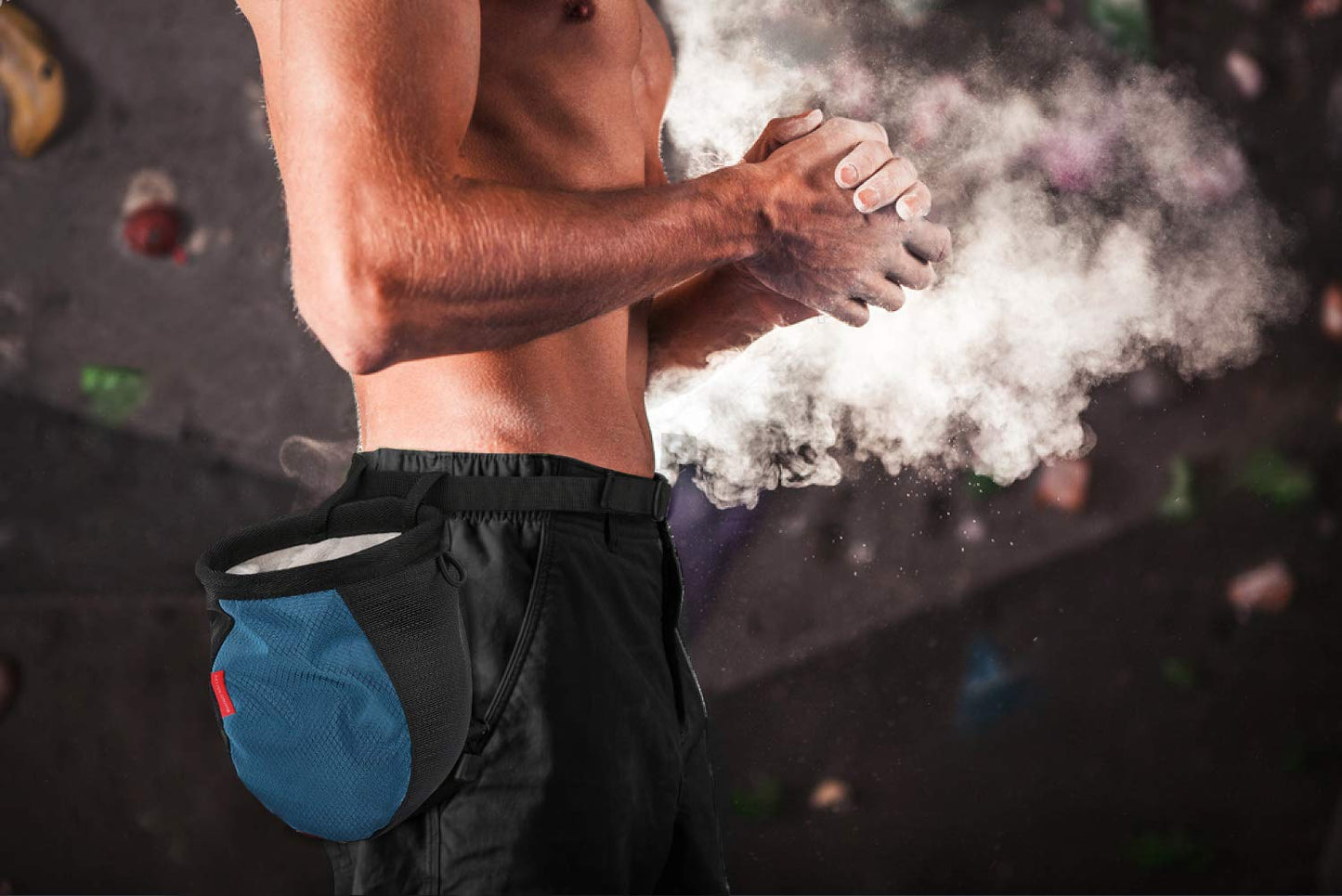 Rhino Valley Climbing Chalk Bag, No Leak Drawstring Chalk Bag with Adjustable Belt, Carabiner Clip and Zippered Pockets Chalk Bag for Rock Climbing, Cross Fit, Weight Lifting & More,Black & Royal Blue