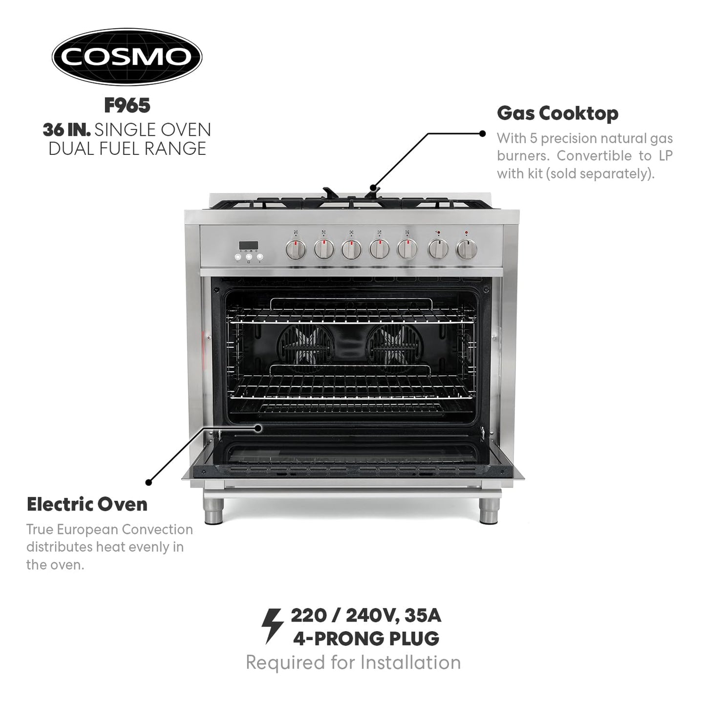 COSMO F965 36 in. Stellar Collection 4.4 cu. ft. Dual Fuel Range, 5 Sealed Burners, 8 Function Convection Oven in Stainless Steel