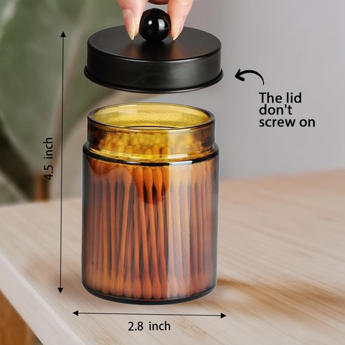 Amolliar Amber Glass Qtip Holder - Stylish Apothecary Jar with Matte Black Lid | 4-Pack Bathroom Organizer for Cotton Swabs & Floss