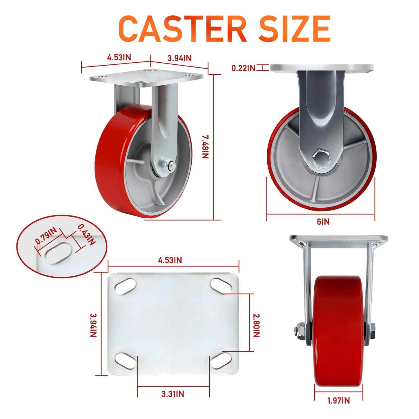 6 Inch Heavy Duty Caster Wheels Set of 4 Industrial Casters Swivel Plate Caster,Load 5000Lbs,Polyurethane Silent Steel Wheels,for Heavy Duty Die,Equipment Movement,U-Boat Cart(2Swivel&2Rigid)