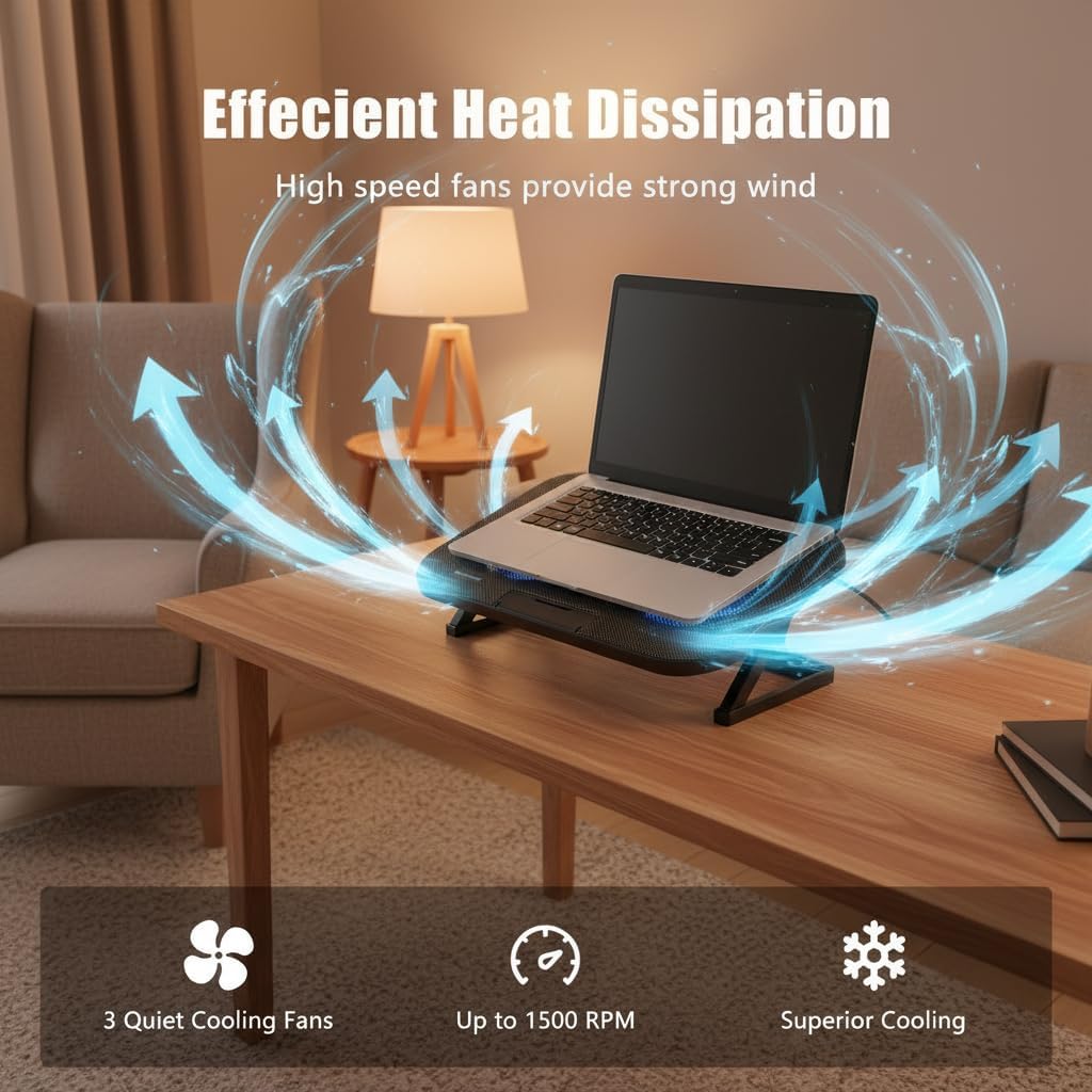 AISUNKUTECH 3 5-Level 2 12-17 Inch Laptop Cooling Pad with Quiet Fans, Height Adjustable Ergonomic Stand, USB Ports