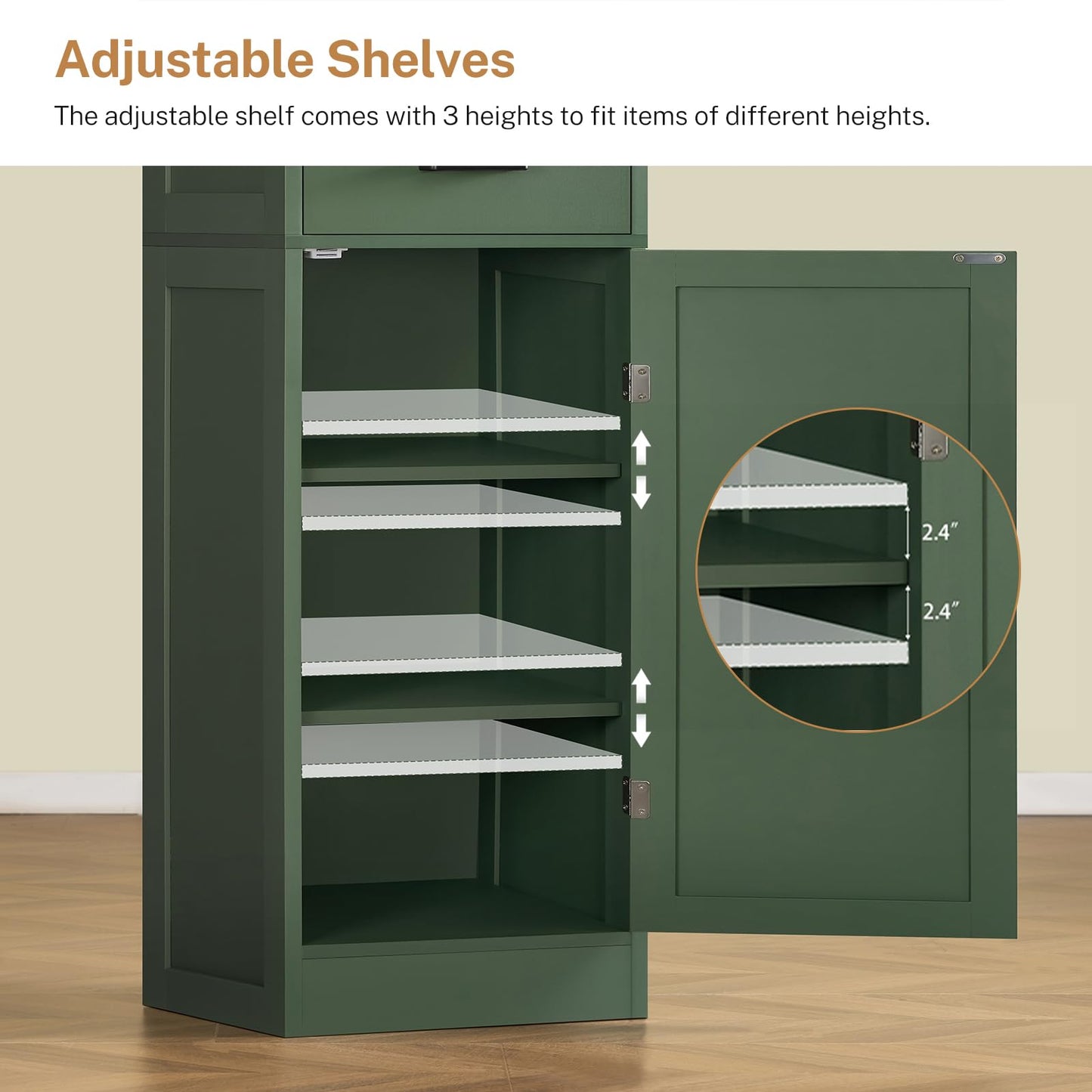 TEENFON Kitchen Pantry Cabinet with 3 Door Shelves & 1 Drawer, Narrow Bathroom Cabinet with Adjustable Shelves, Tall Storage Cabinet for Living Room, Bathroom, Entryway, Green