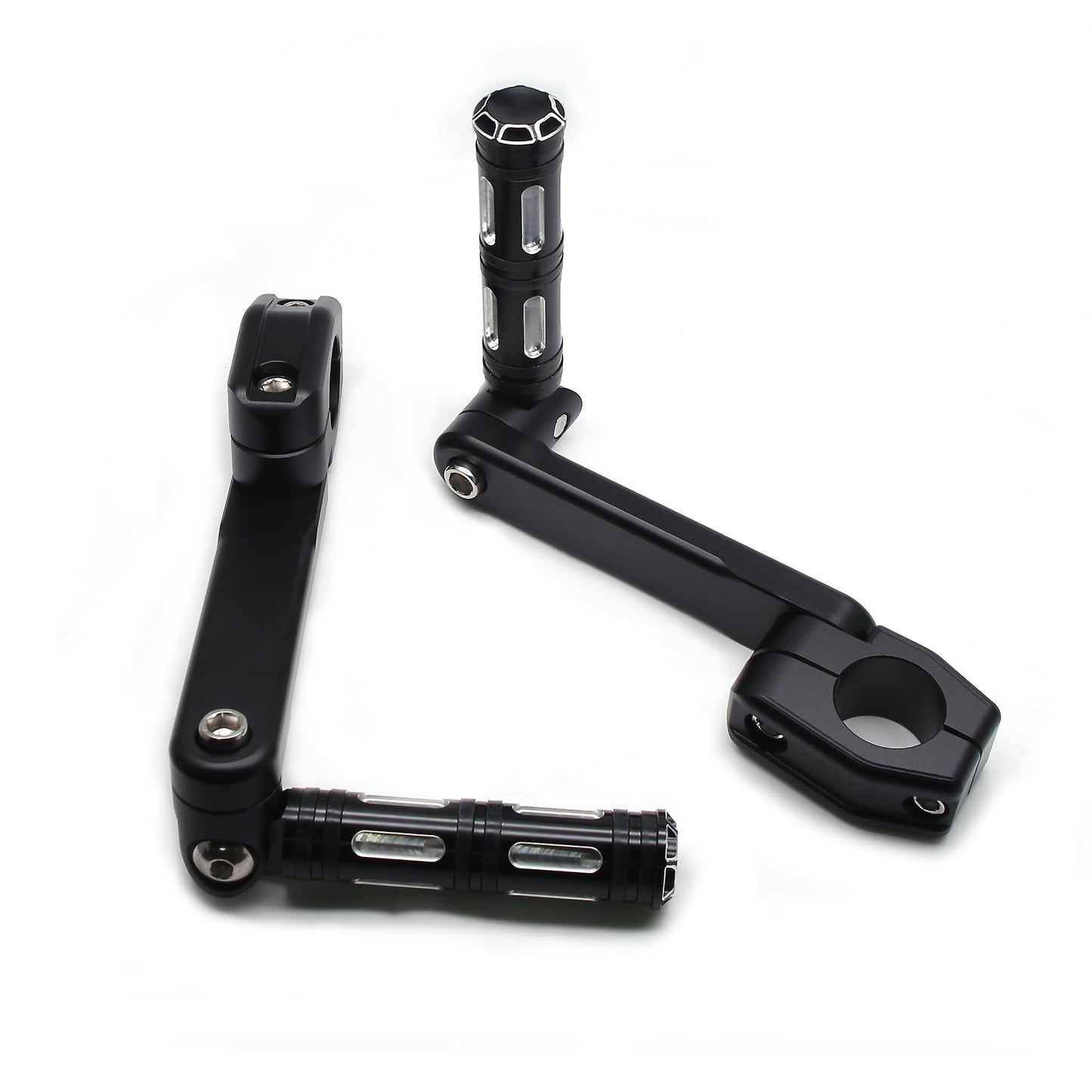MZS Motorcycle Highway Pegs, 1.25" CNC Highway Foot Pegs Adjustable Long Angled Mount Clamps Compatible with Road King Sportster Softail Street Electra Glide Dyna Rebel Shadow for 1 1/4 Crash Bar
