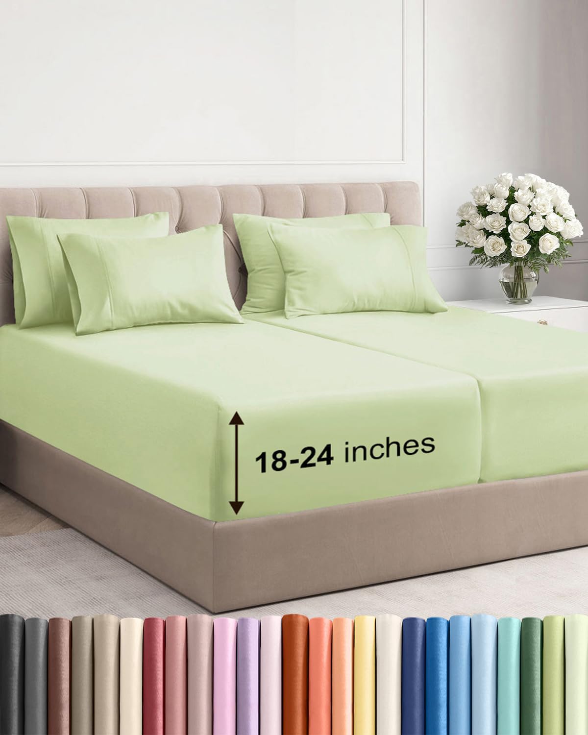 Skiennix Extra Deep Split King Sheet Set - 7 Piece Breathable Cooling Bedding - Soft Wrinkle-Free Light Sage