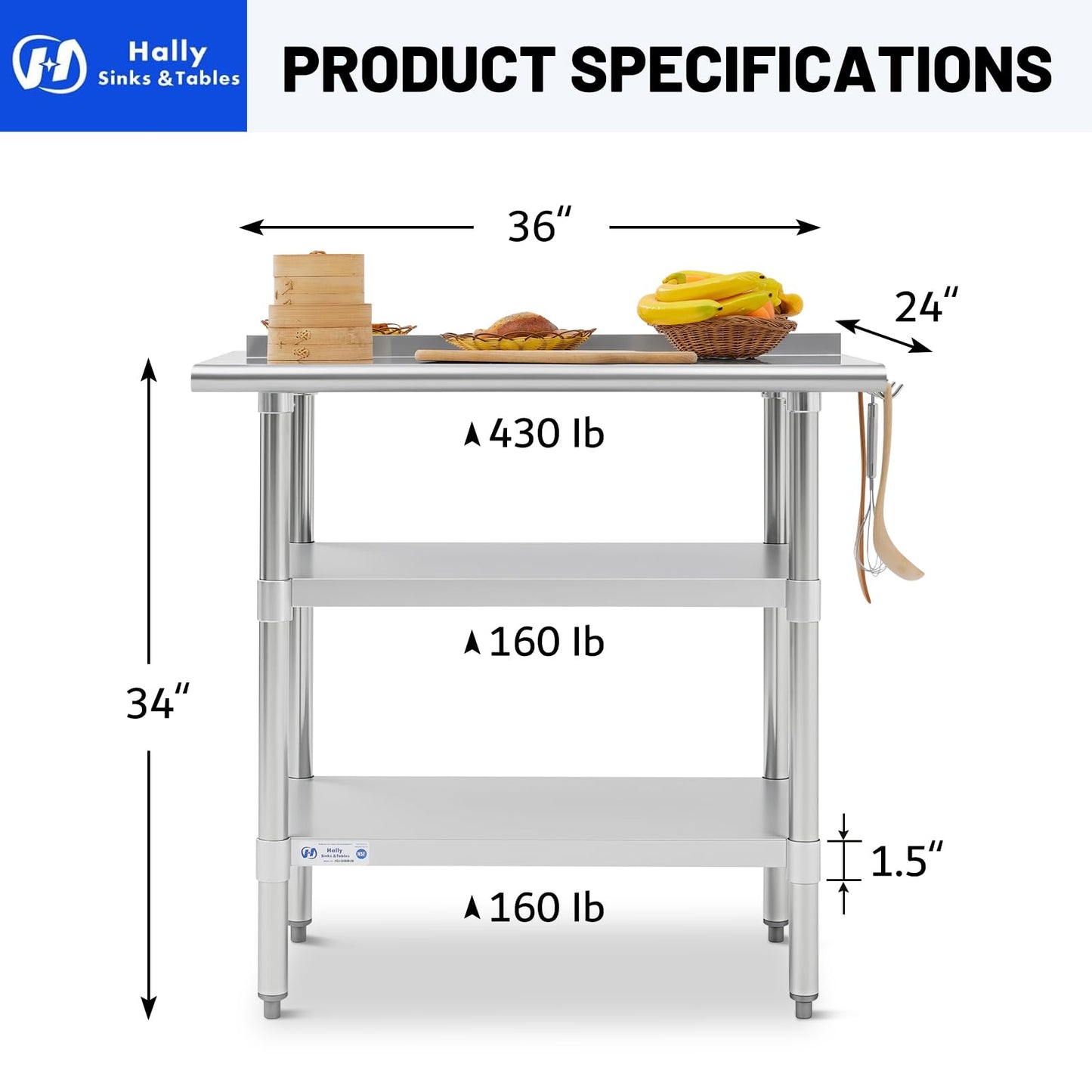 Hally 24 x 36 Inch Stainless Steel Prep Table with Backsplash, NSF Certified, 2 Adjustable Undershelves and Removable Hook for Kitchen, Restaurant, Garage