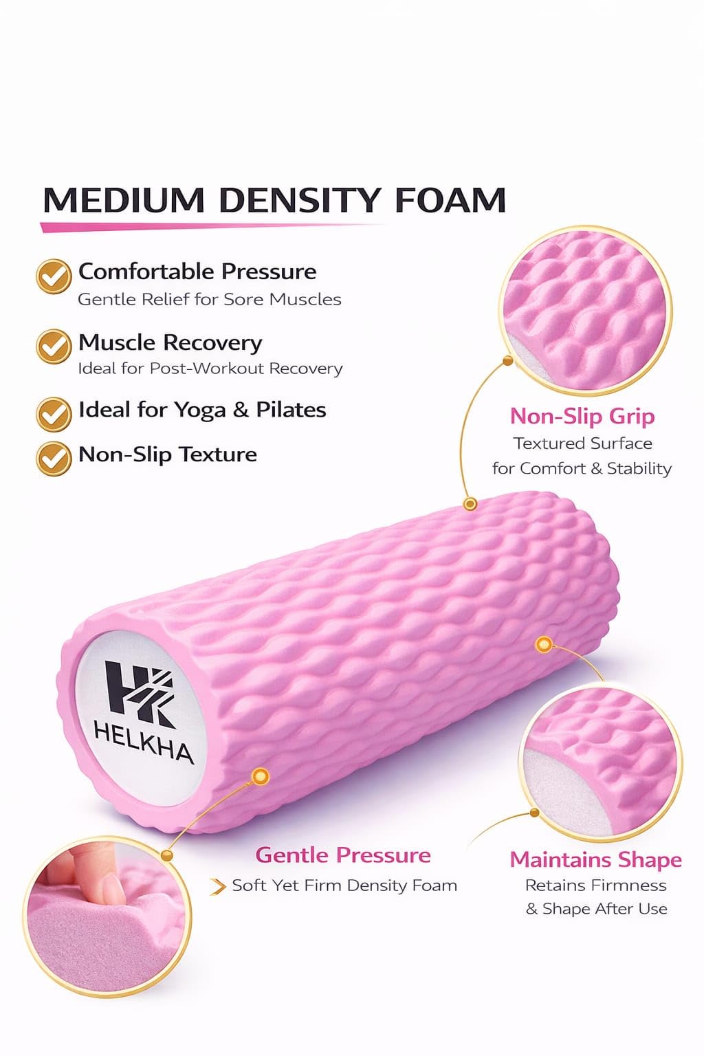 HELKHA Pink Foam Roller-Medium Soft Density Muscle for Muscle Recovery, Yoga, Pilates & Physical Therapy