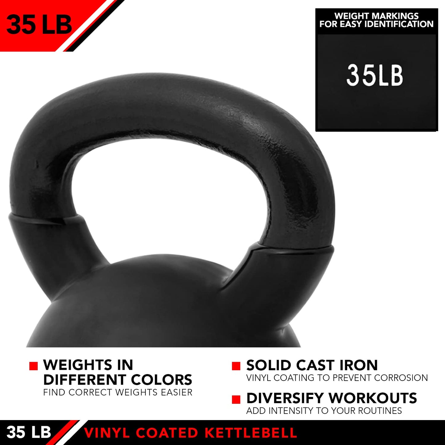 JFIT Vinyl-Coated Cast Iron Kettlebell Weight – Flat Bottom Kettlebell for Strength Training, Cross Training & Home Gym Workouts, 35LB-Black