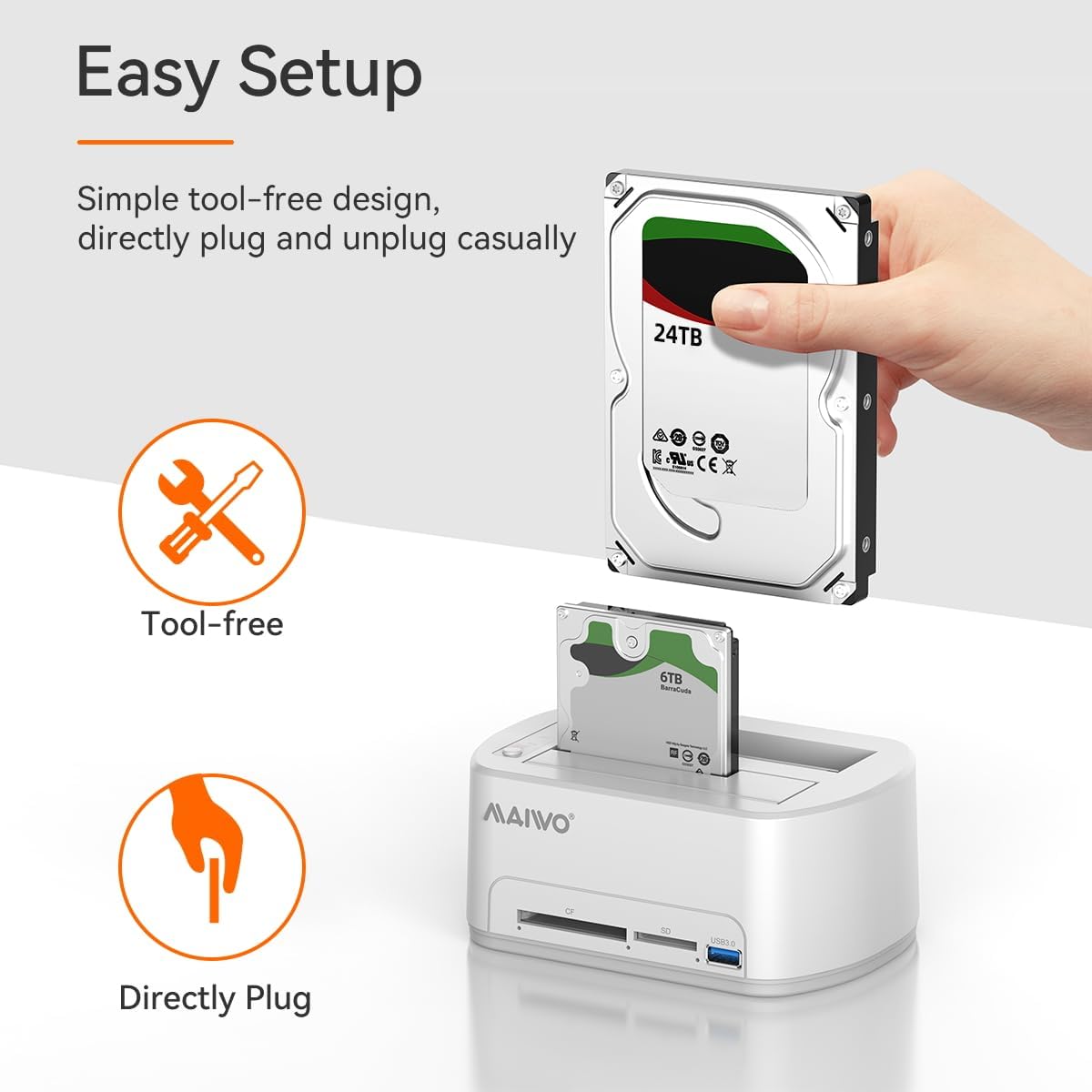 MAIWO 3.0 2.5 3.5-inch 2*24TB, SATA to USB Dual-Bay Hard Drive Docking Station with Offline Clone for & HDD/SSD, Hard