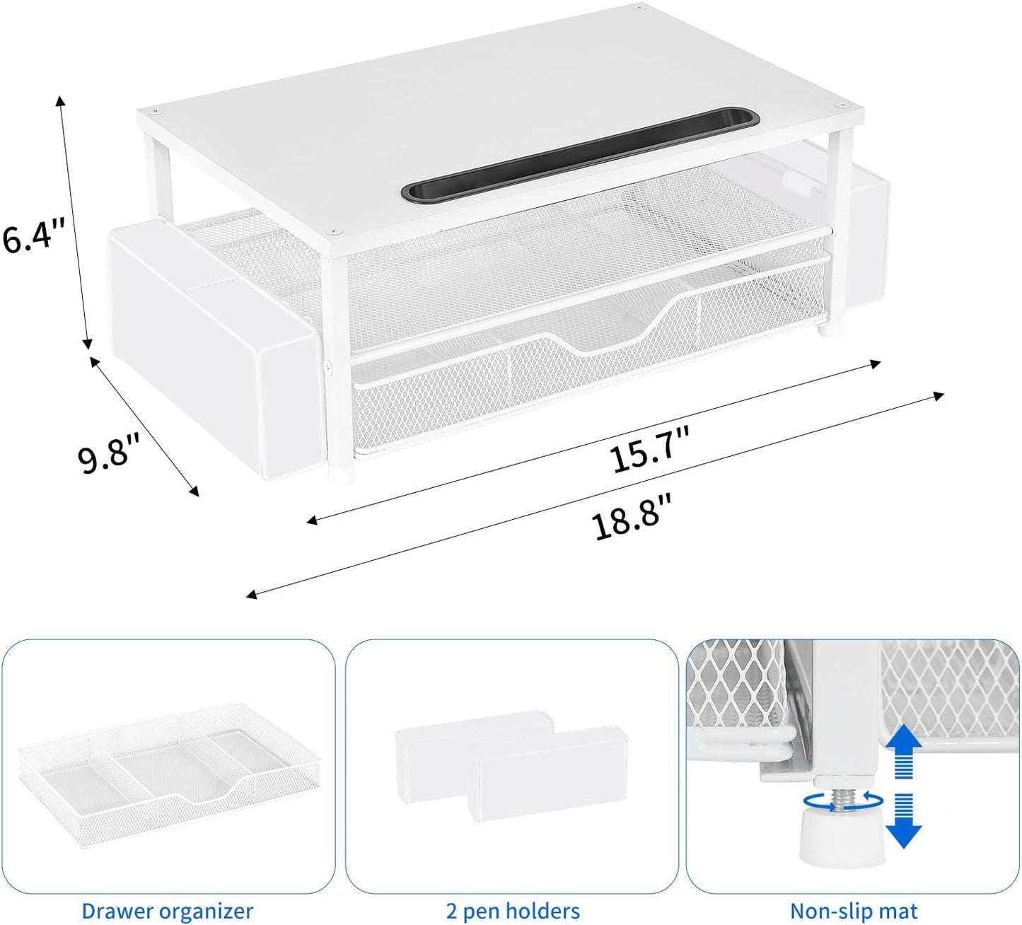2-Tier AUPSEN White Monitor Stand Riser, Wood Computer Desk Organizer with Drawer, Pen Storage & Phone Holder, Office