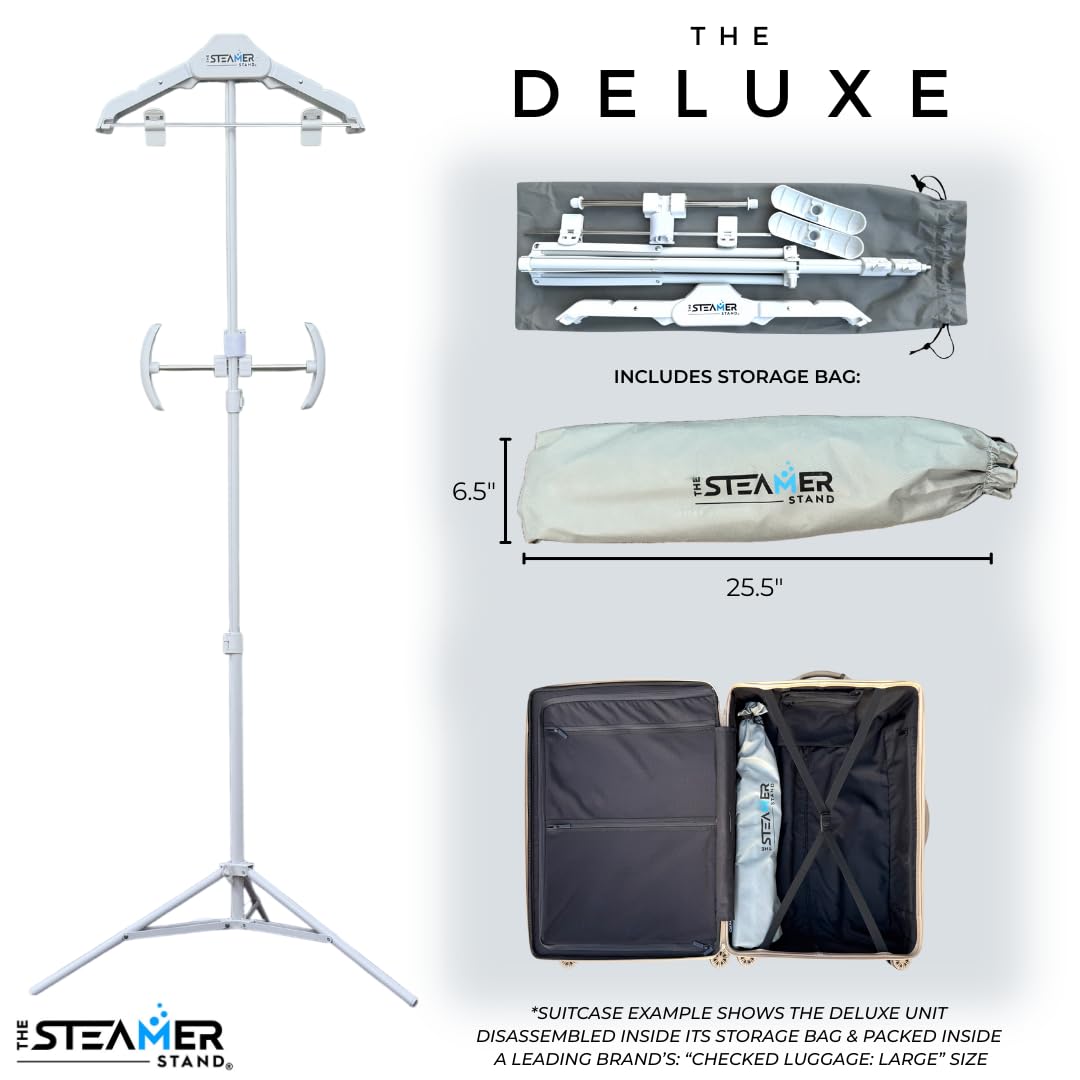 The Steamer Stand Deluxe | Adjustable Standing Garment Steaming Rack with Hanger | Fast, Foldable, Portable Clothes Steam Ironing Solution for Travel & Home